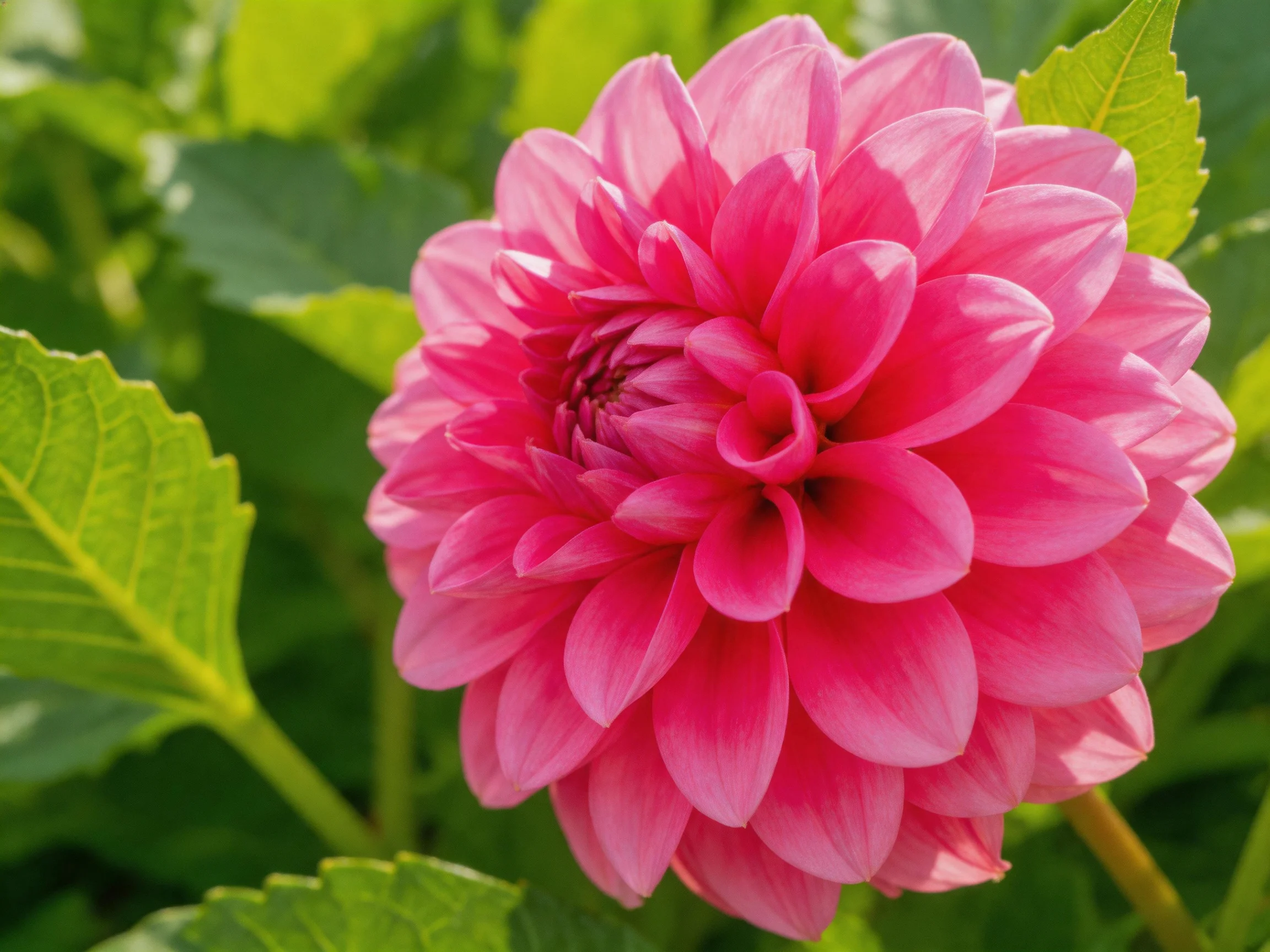 A large, vibrant pink dahlia with layered petals among green leaves
