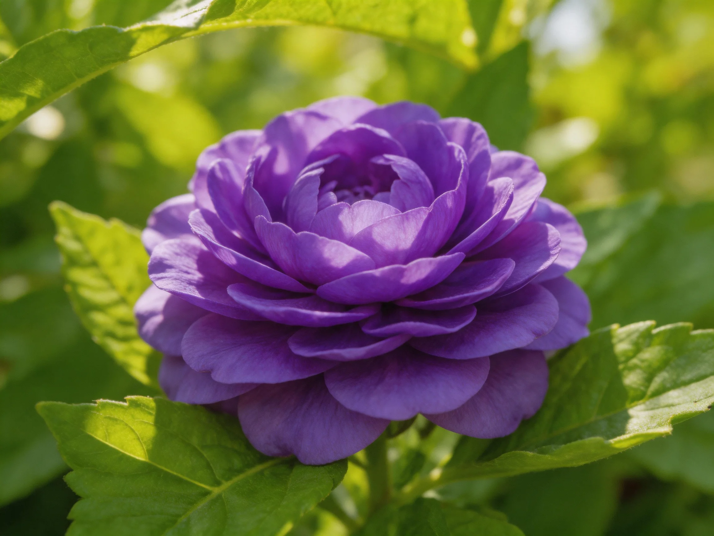 A large, vivid purple flower amid lush green leaves