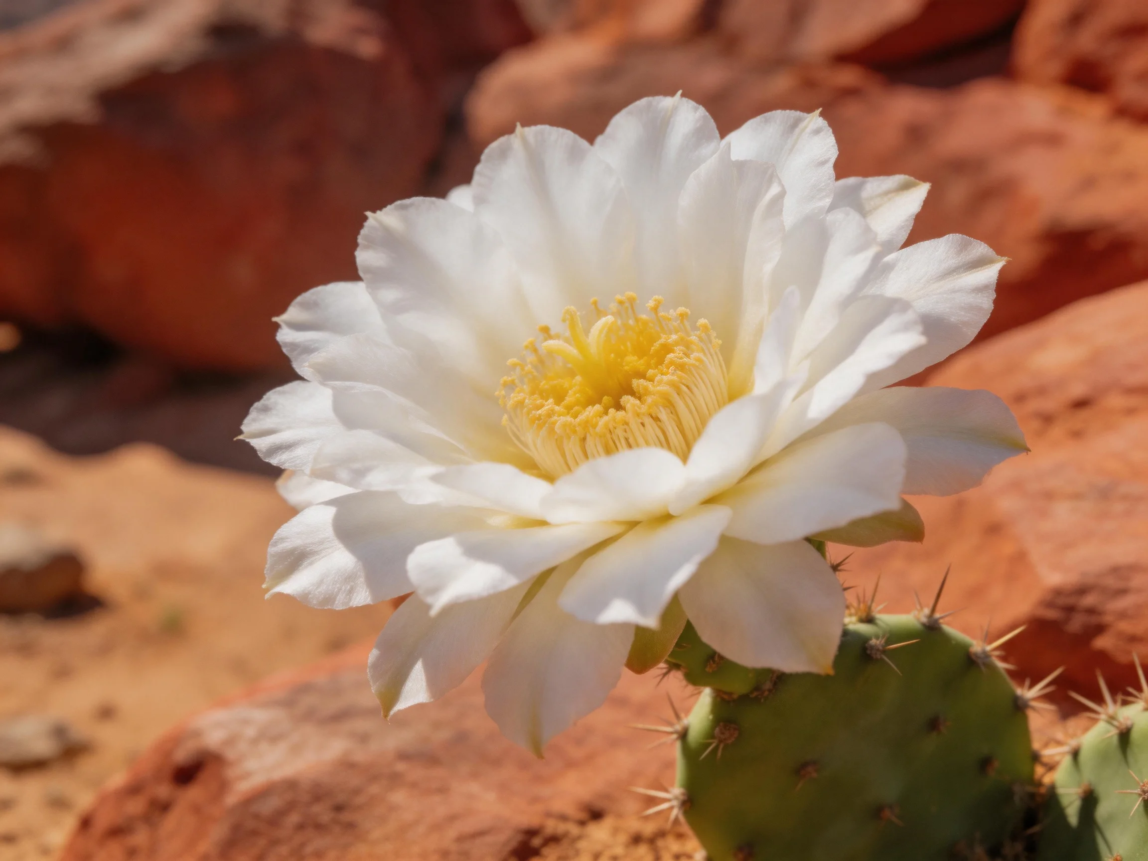 A large white cactus flower blooms near reddish rocky terrain