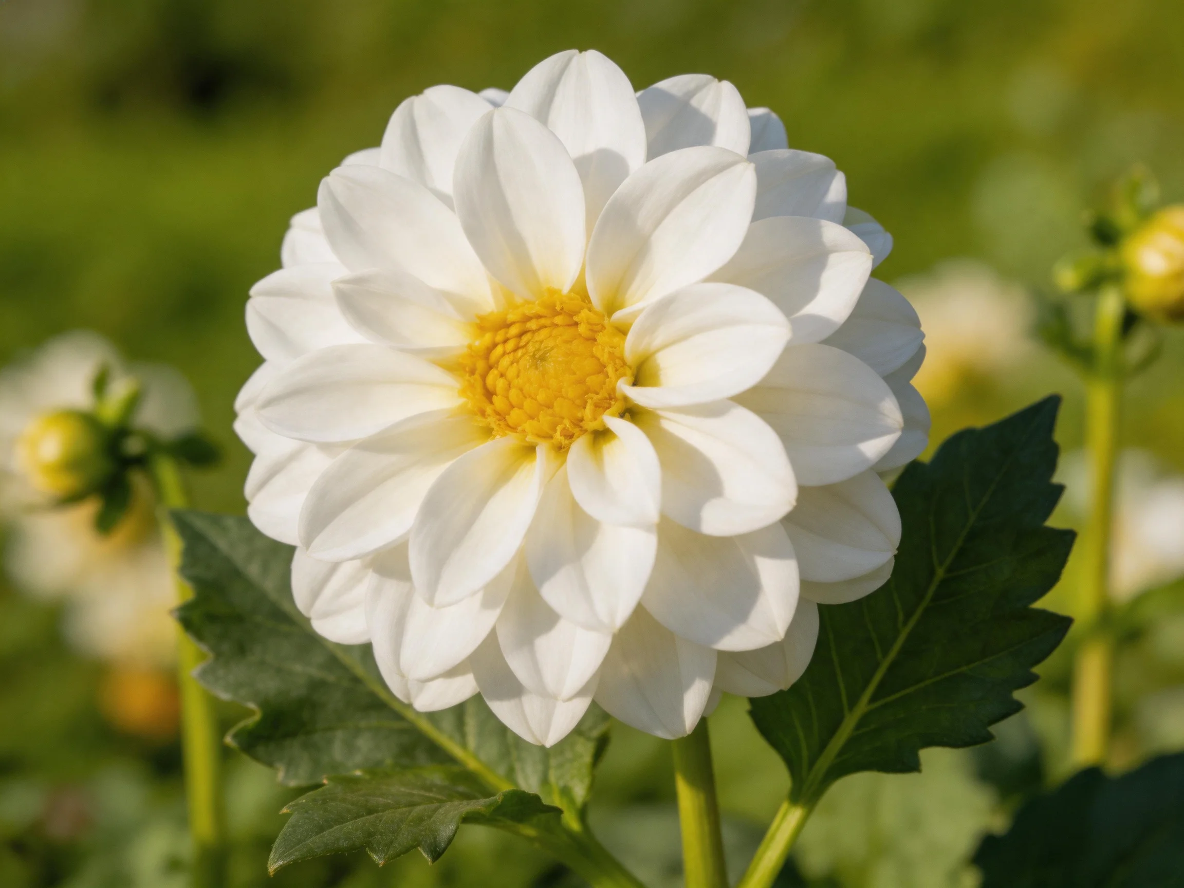 A large white dahlia with a bright yellow center amid green foliage