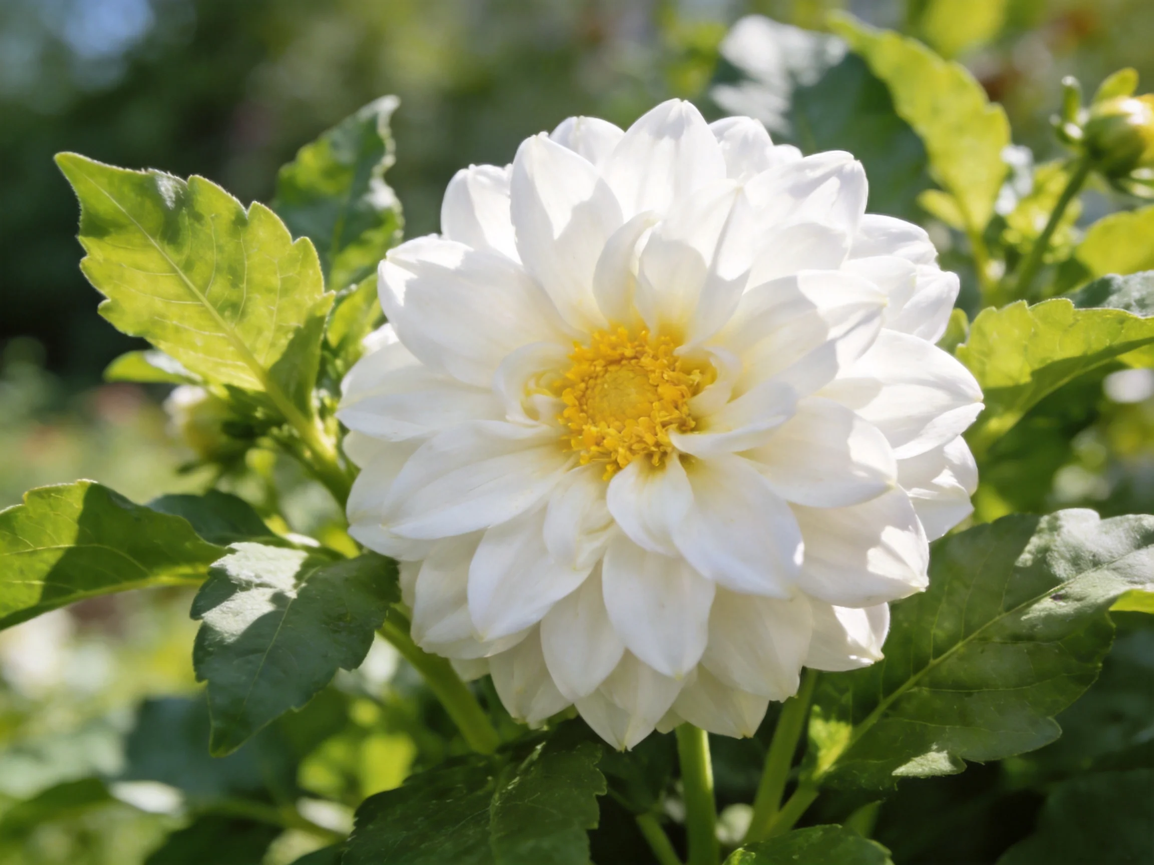 A large white dahlia blooms with a yellow center amid lush green leaves.