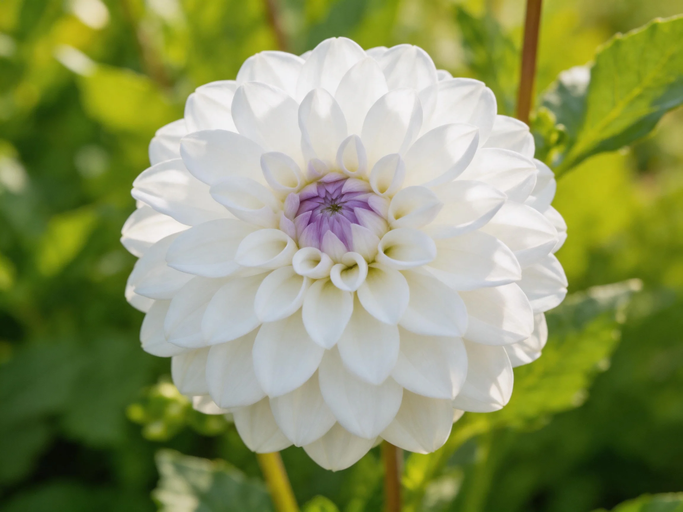 A large white dahlia with a purple center amid lush green foliage