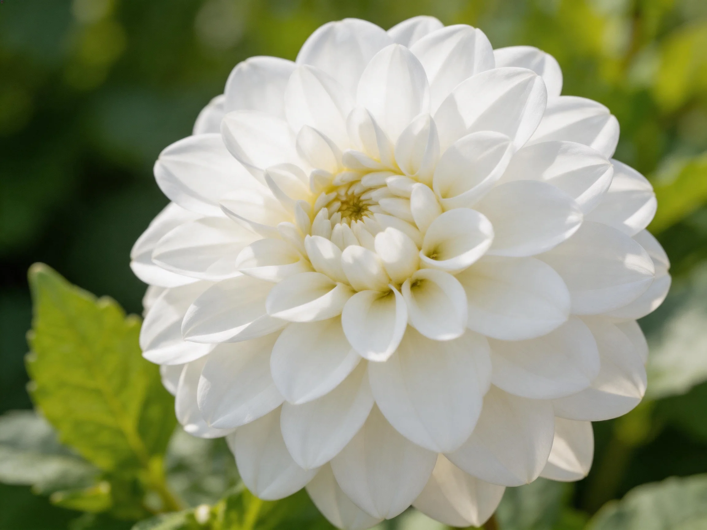 A large white dahlia with layered petals amidst green foliage