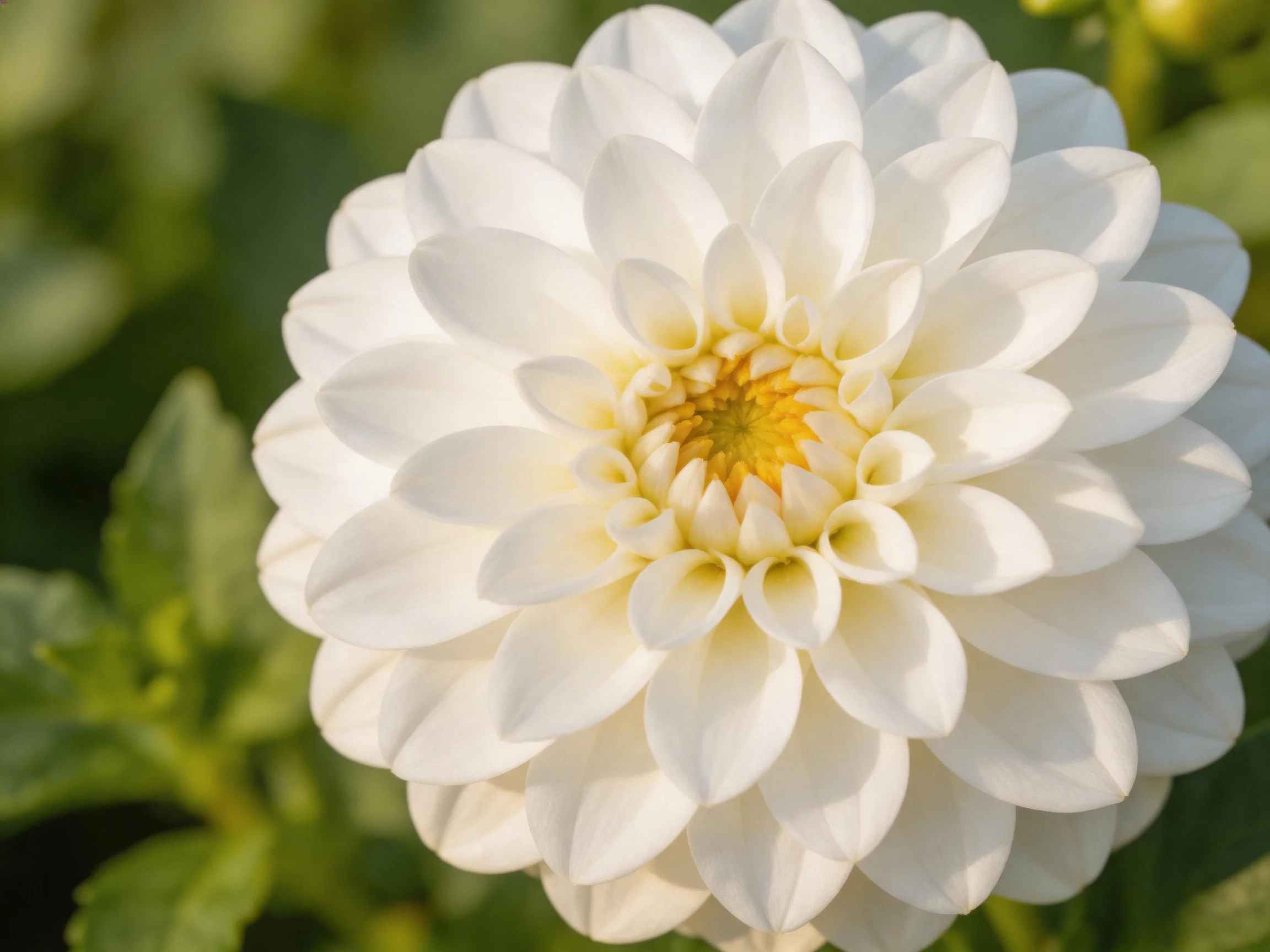 A large white dahlia with layered petals and green foliage