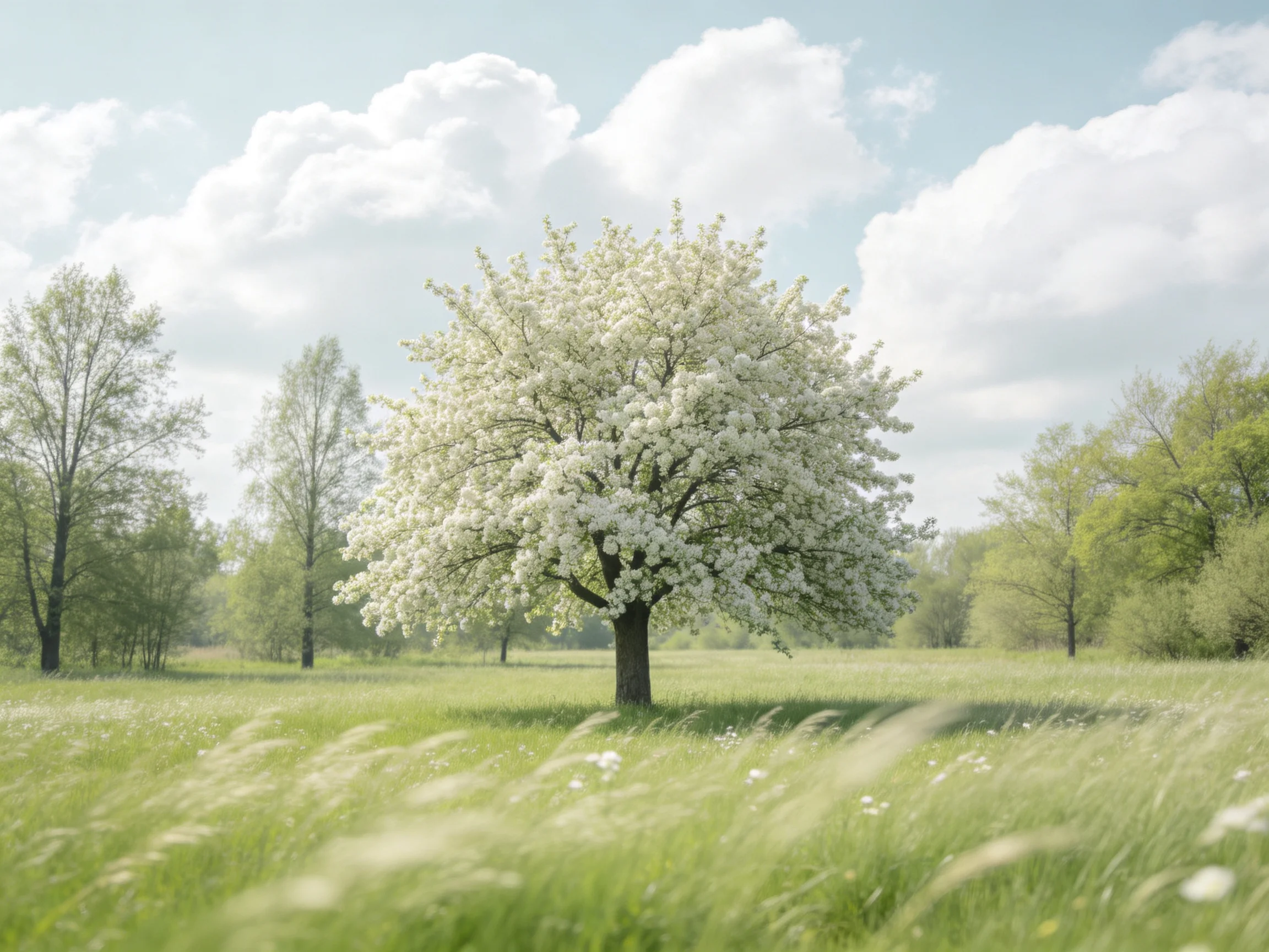 A large white-flowered tree stands in a spacious green meadow