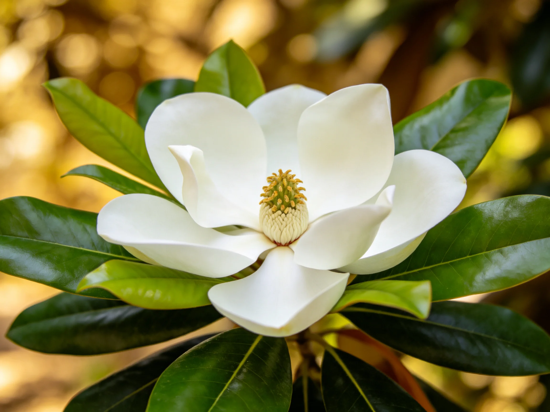 A large white magnolia flower surrounded by glossy green leaves