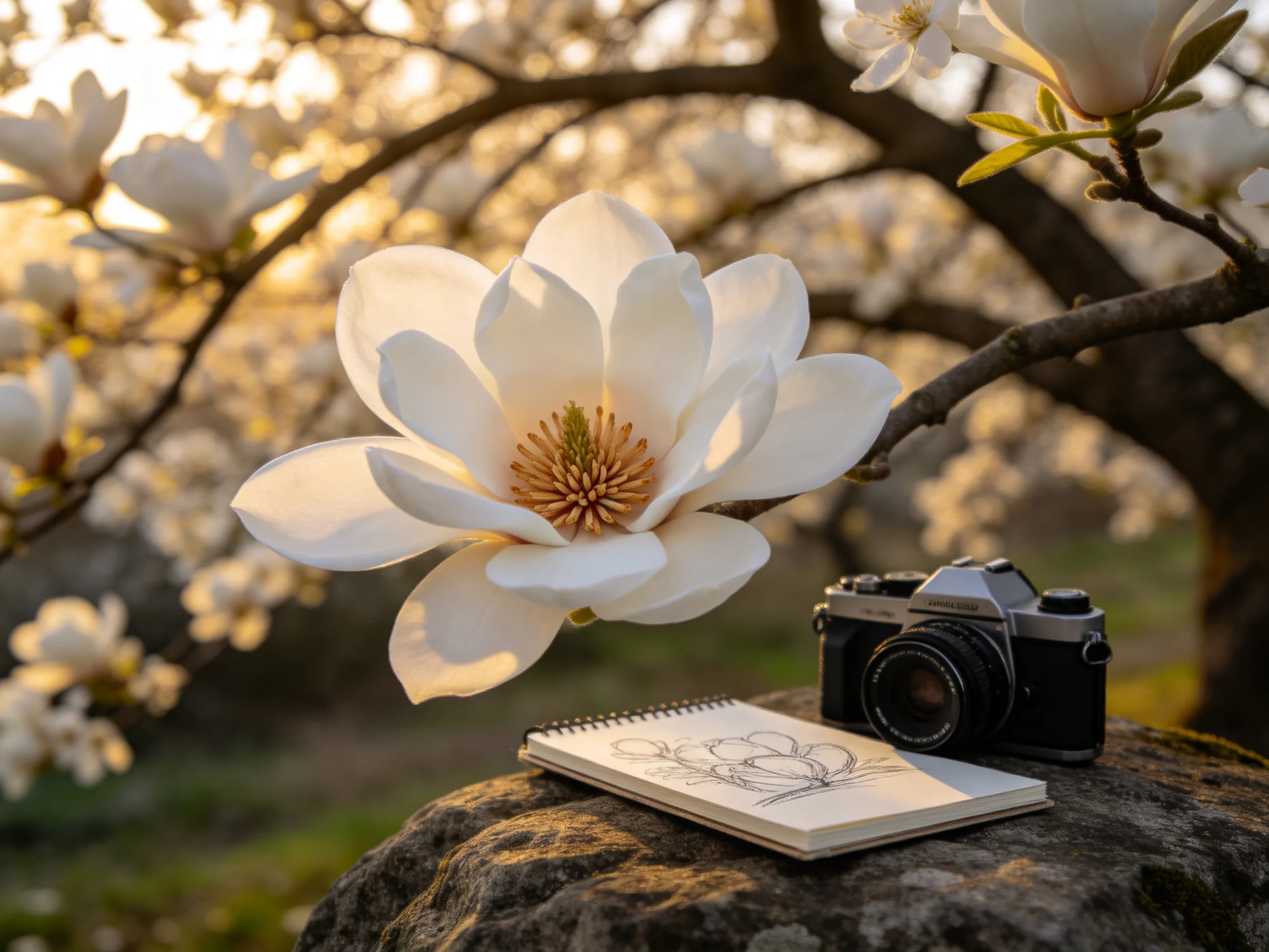 A large white magnolia near a vintage camera and sketchbook