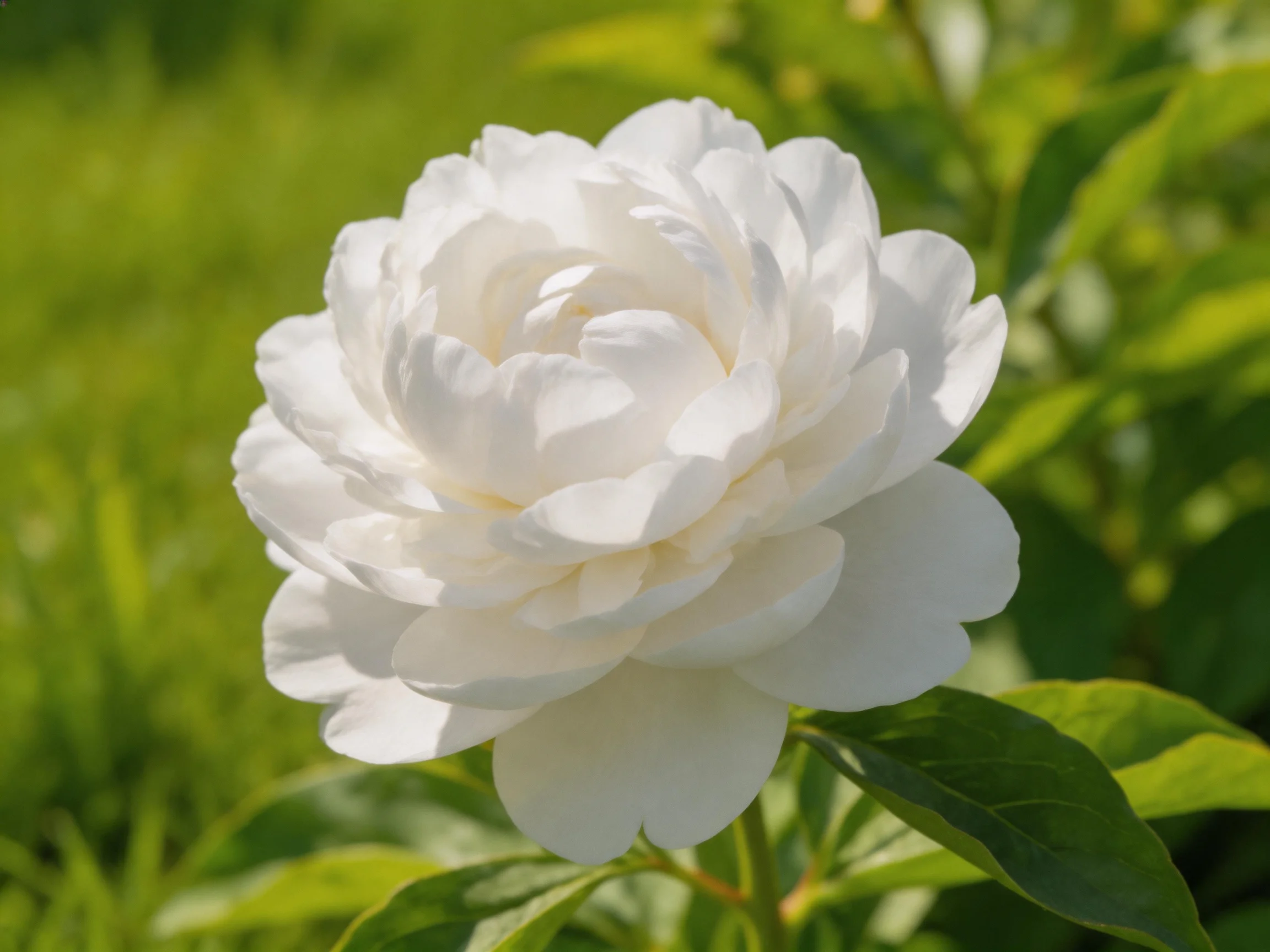 A large white peony blooms among lush green foliage