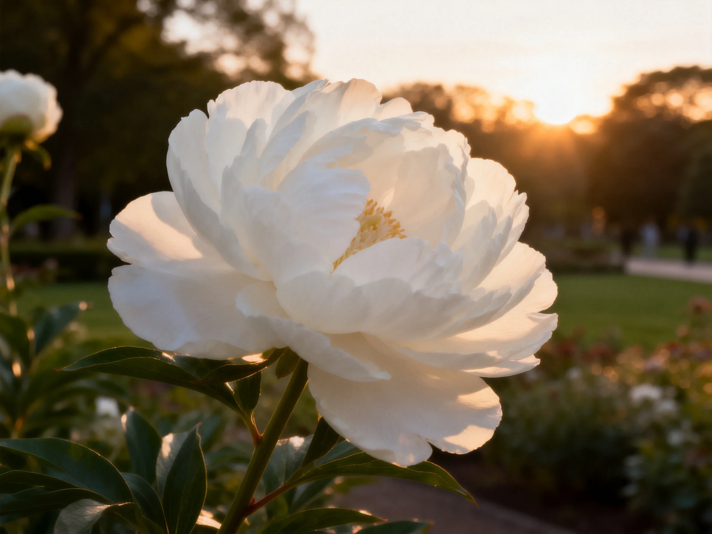 A large white peony blooms in a sunlit garden at sunset