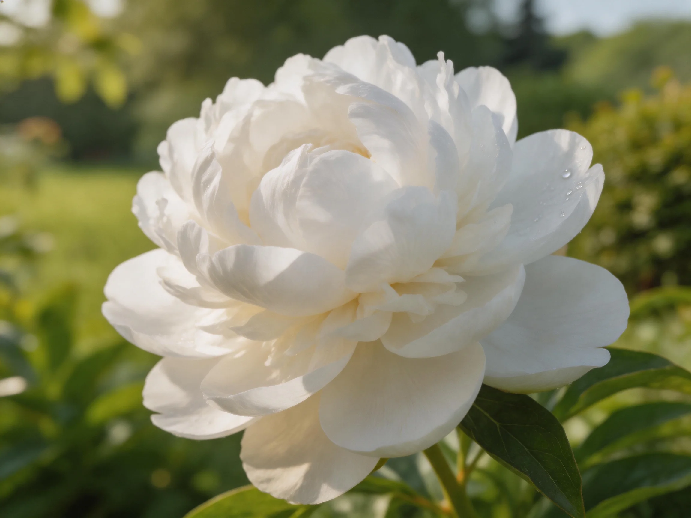 A large white peony blooms vibrantly amidst green foliage