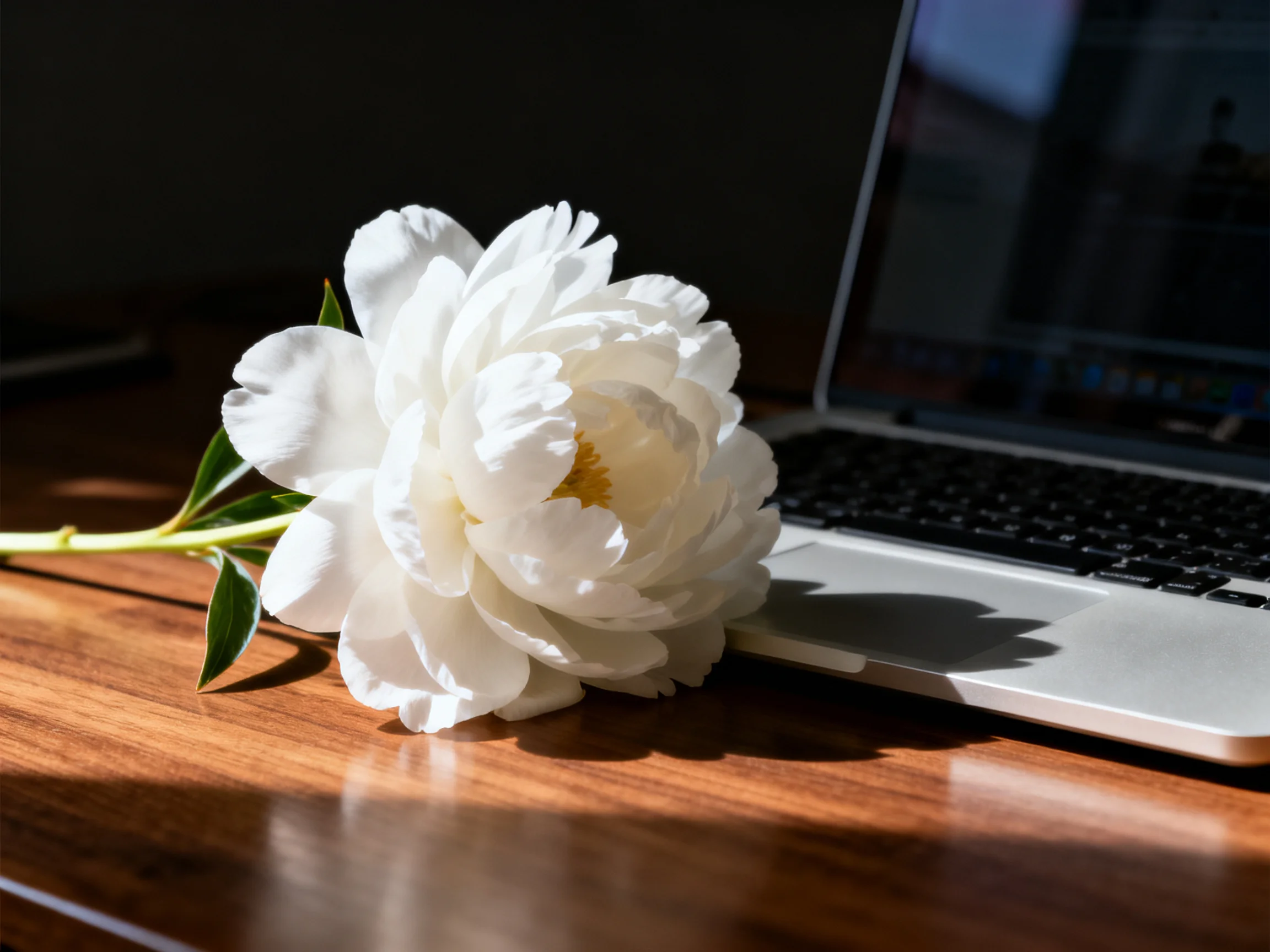 A large white peony rests beside an open silver laptop on a polished wooden desk