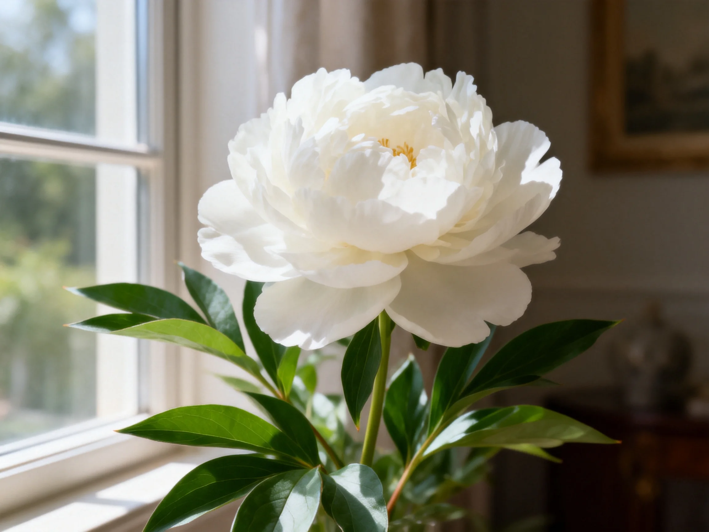 A large white peony with green foliage by a sunlit window