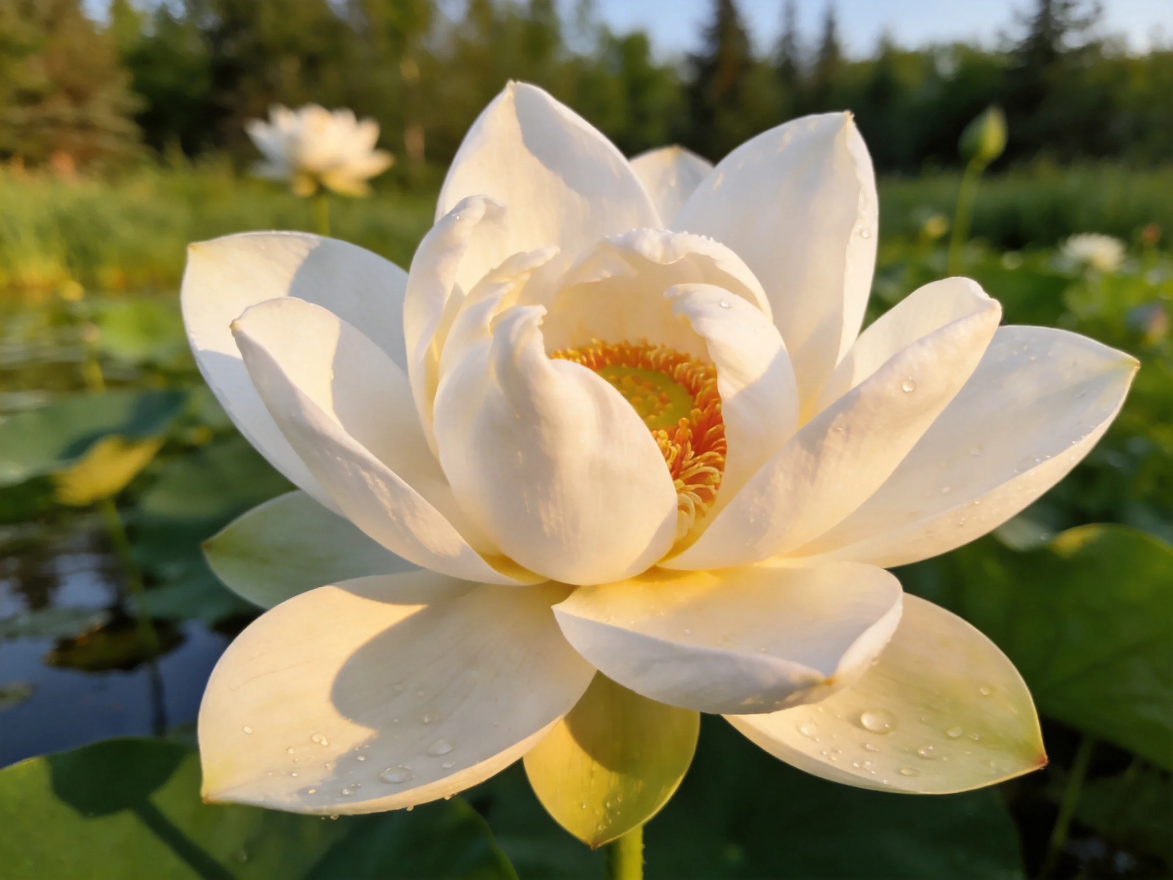 A large white water lily with golden center blooms near green foliage