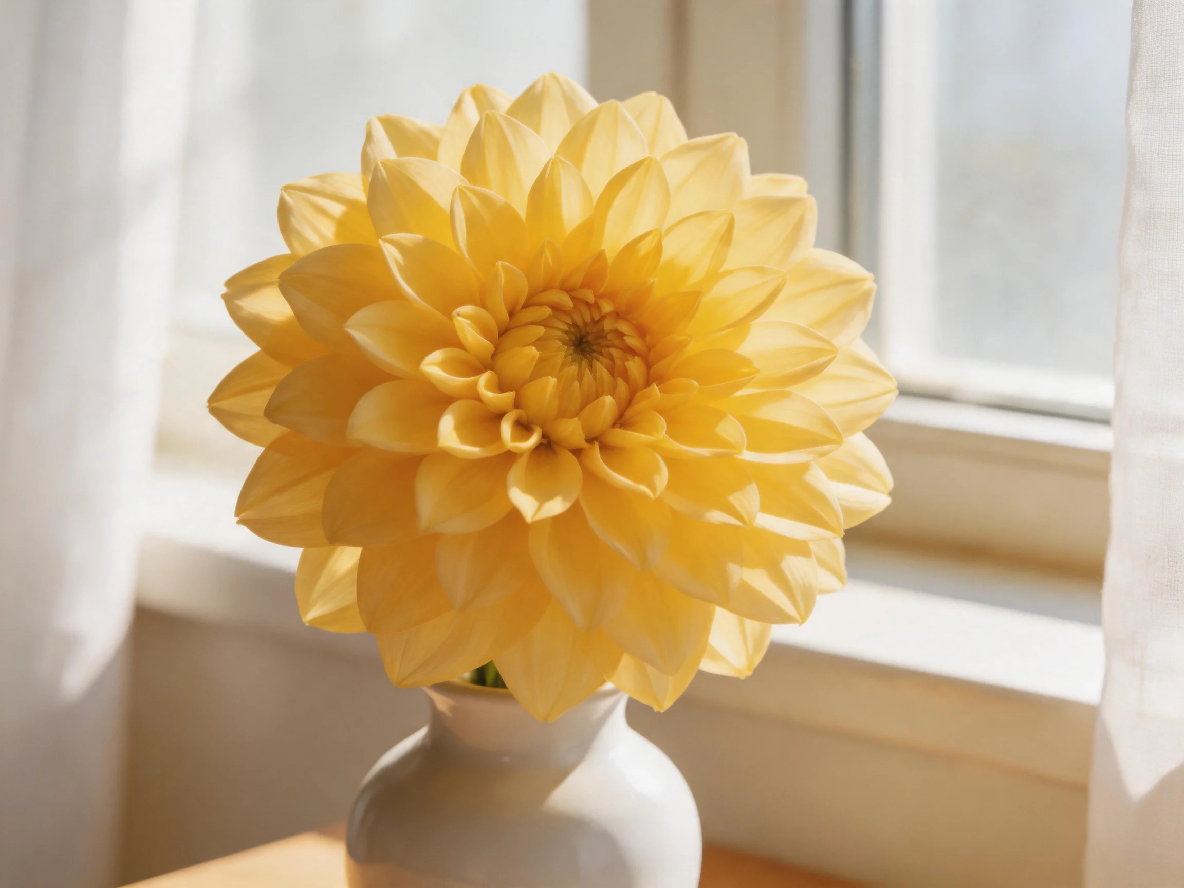 A large yellow dahlia blooms in a white vase by a sunlit window