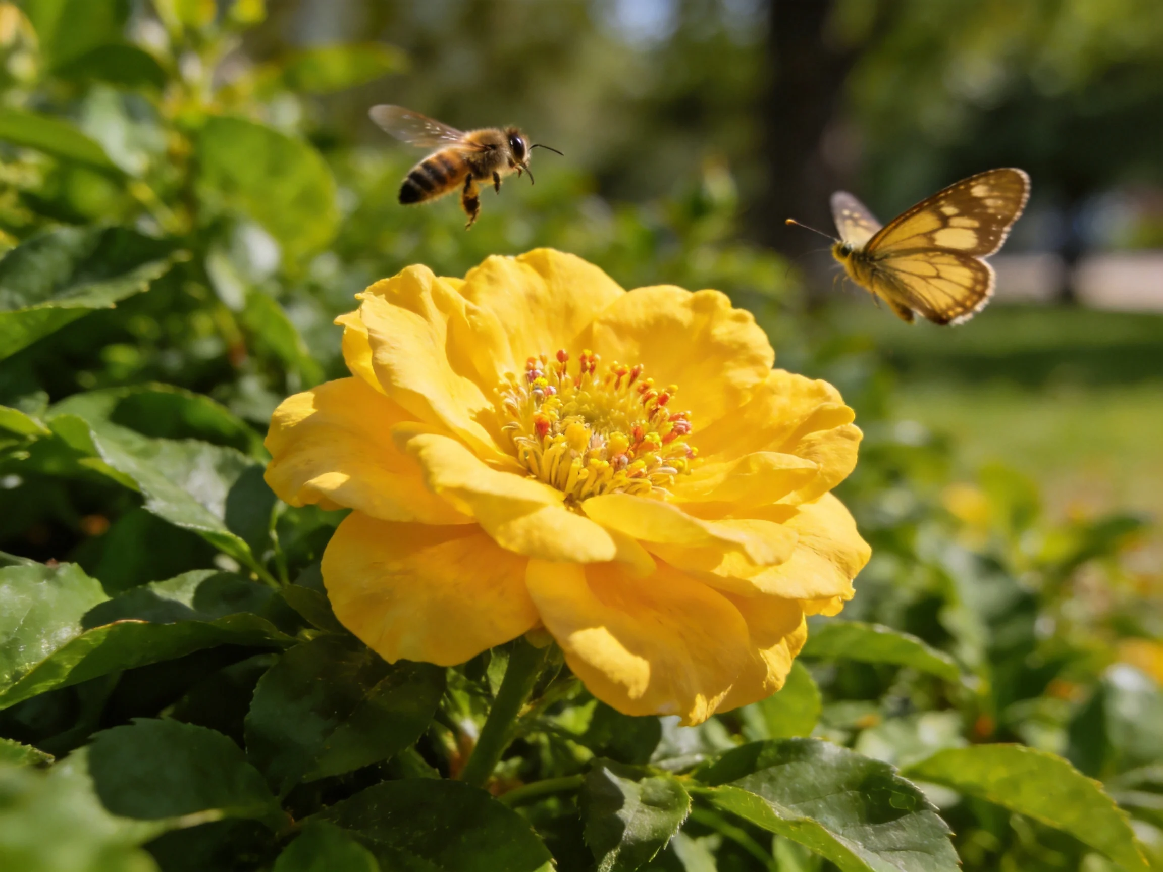 A large yellow flower with a bee and butterfly nearby