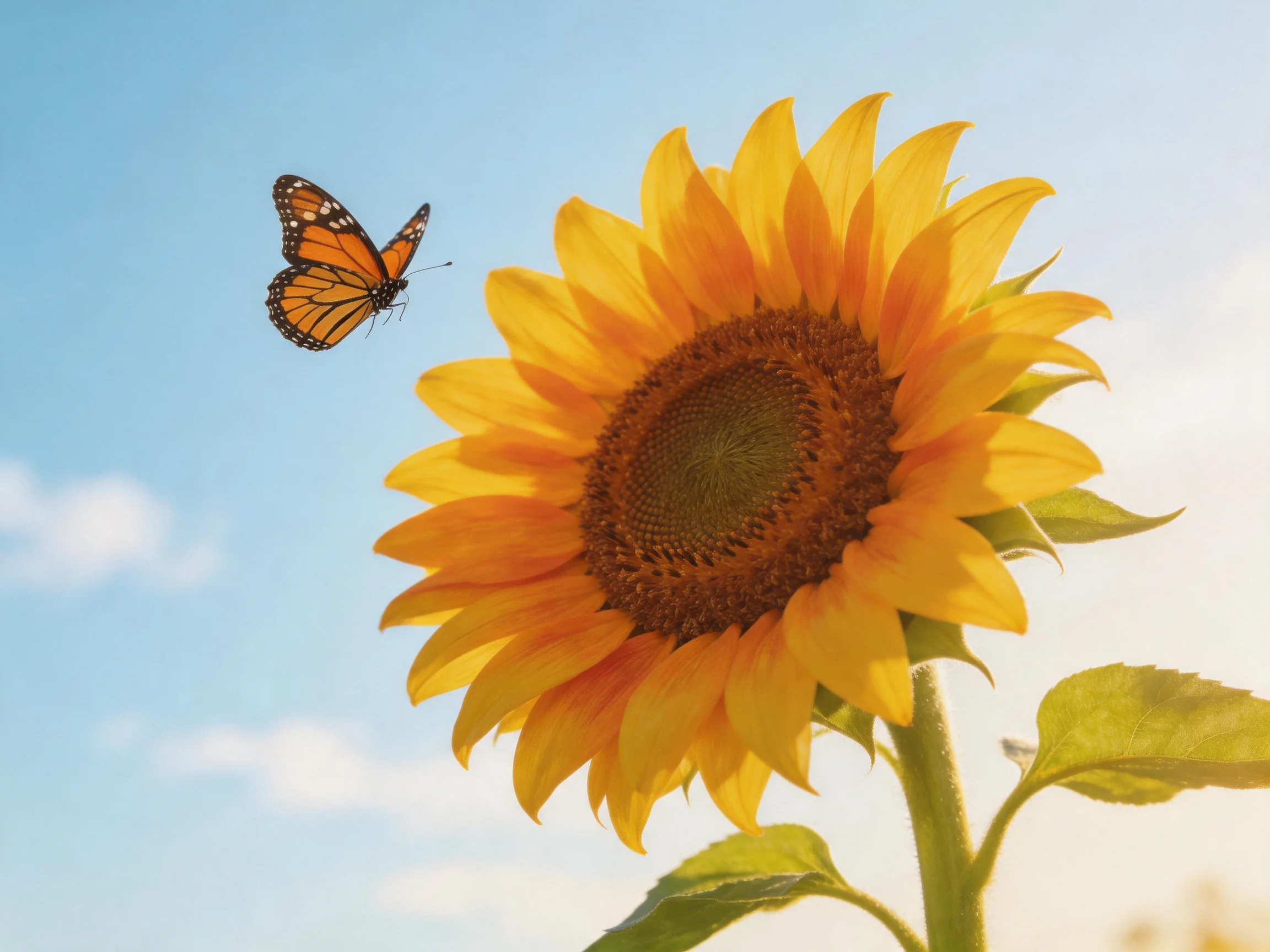 A large yellow sunflower with a brown center sits beside a monarch butterfly under a blue sky