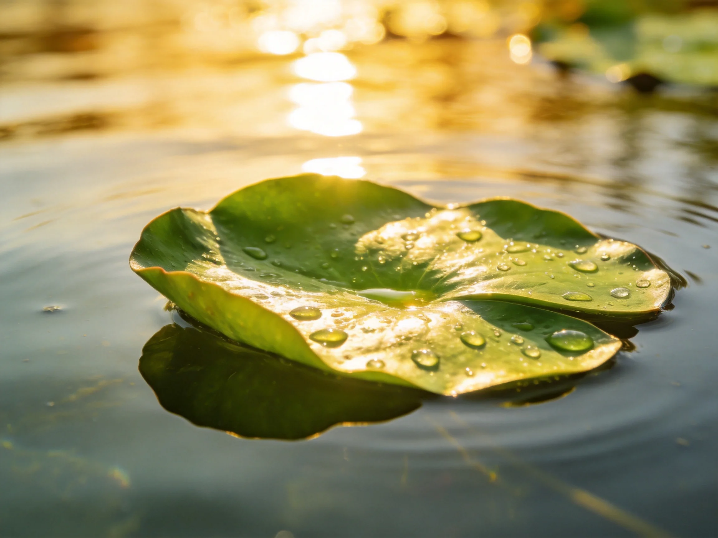A lily pad with water droplets floats on calm water during golden hour