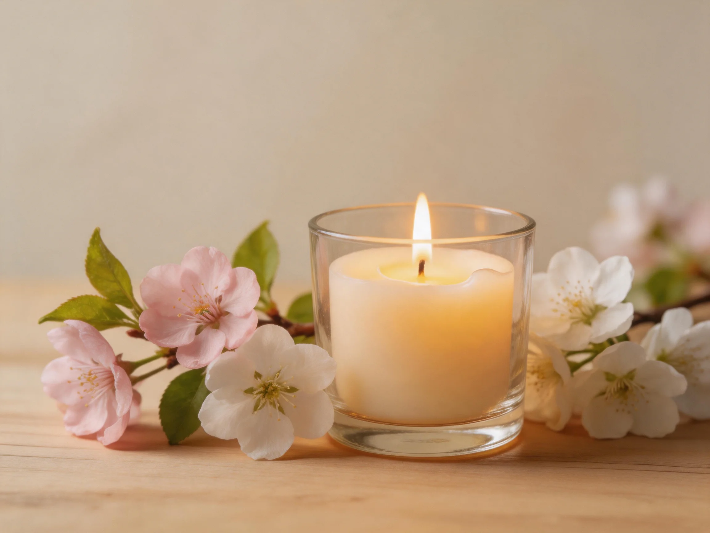 A lit candle in a glass holder surrounded by pink and white blossoms