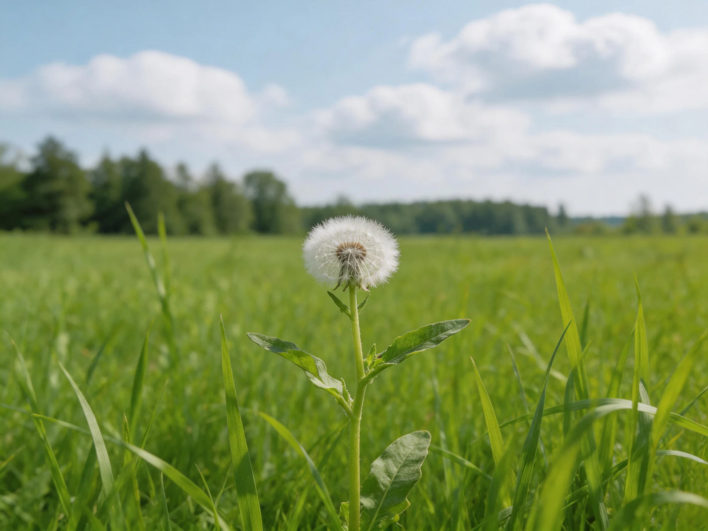 A lone dandelion stands in a verdant grassy field