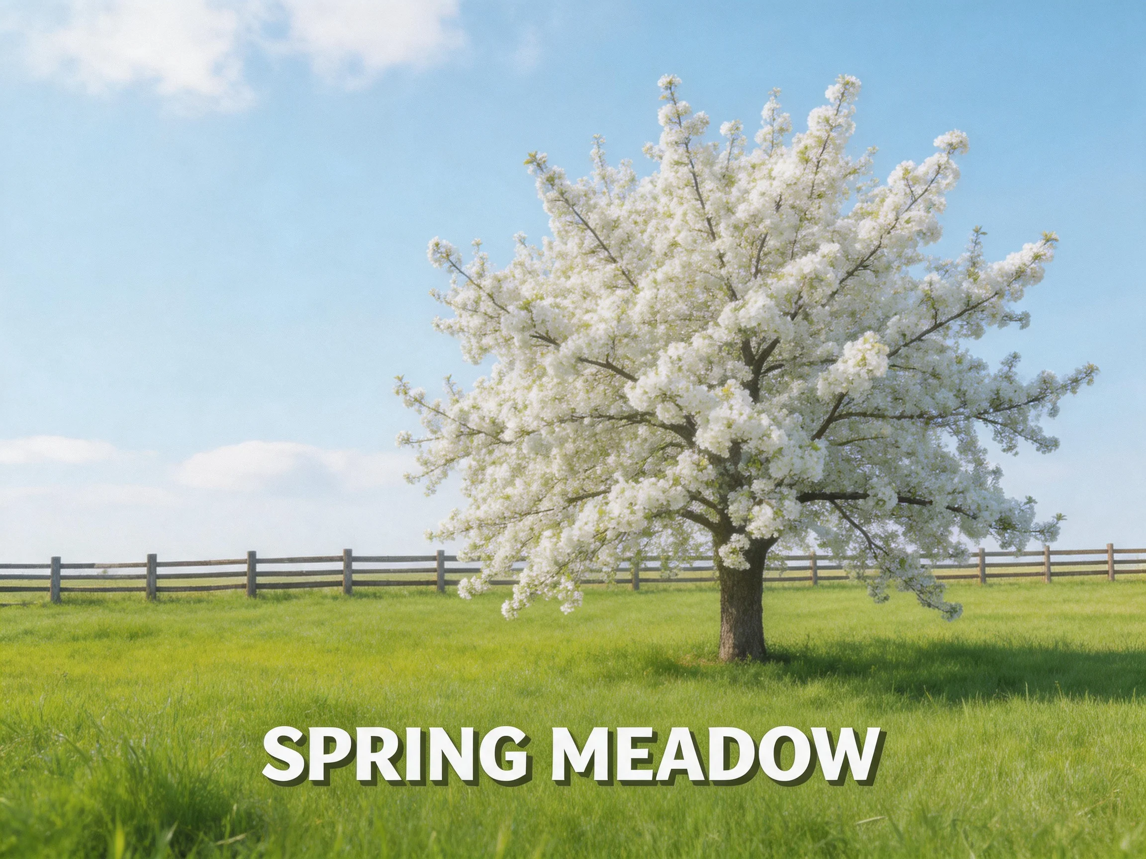 A lone flowering tree blooms in a lush spring meadow