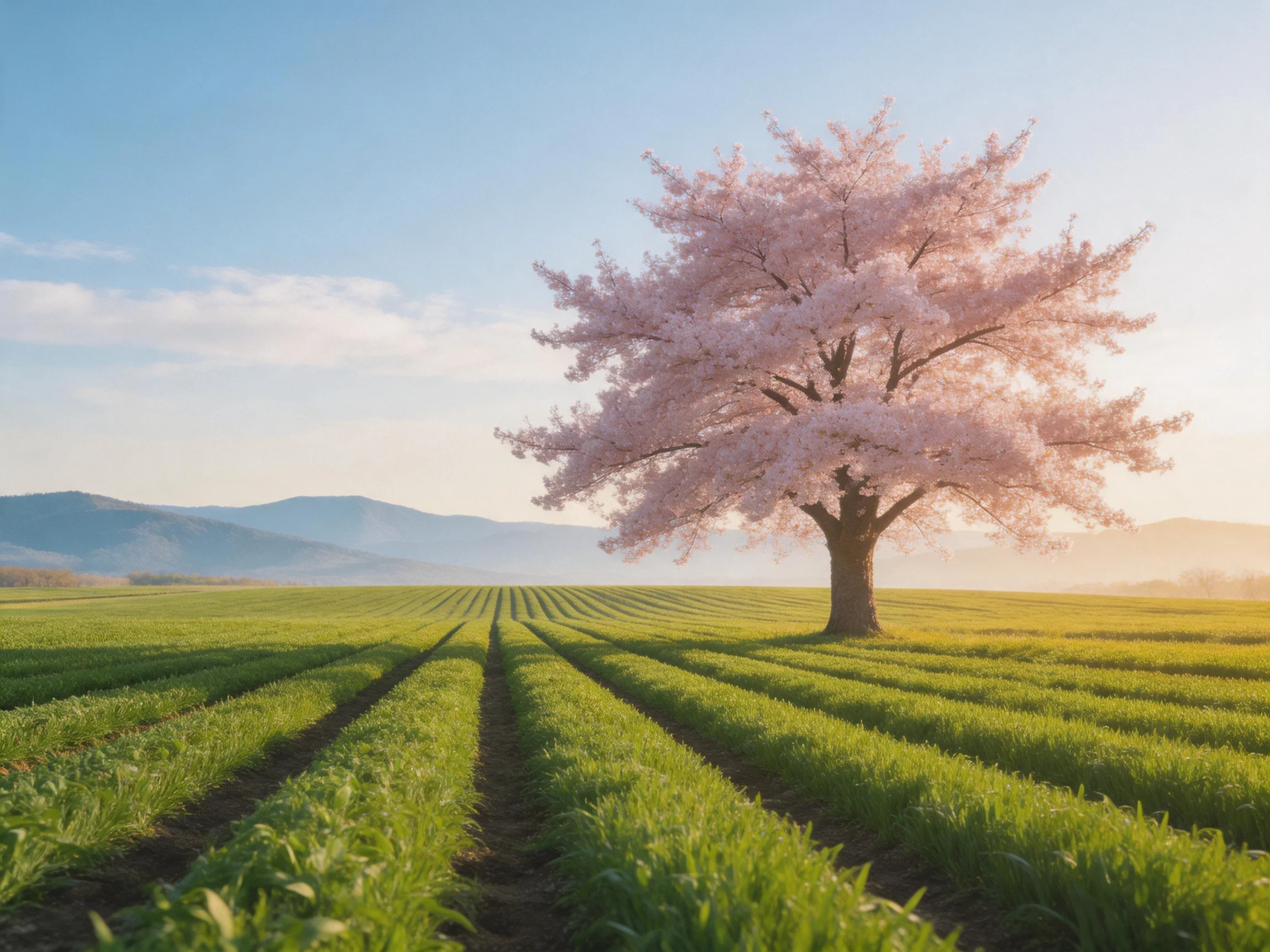 A lone pink cherry blossom tree amid vast green crop fields