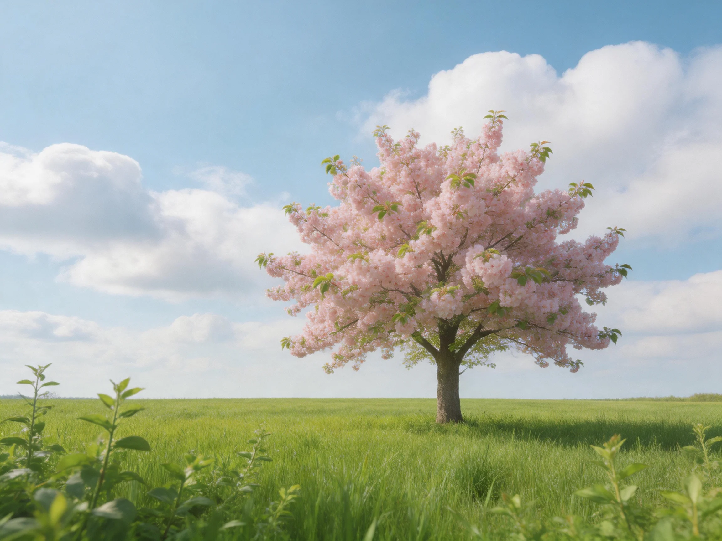 A lone pink-flowered tree stands in a vast green meadow under bright sky