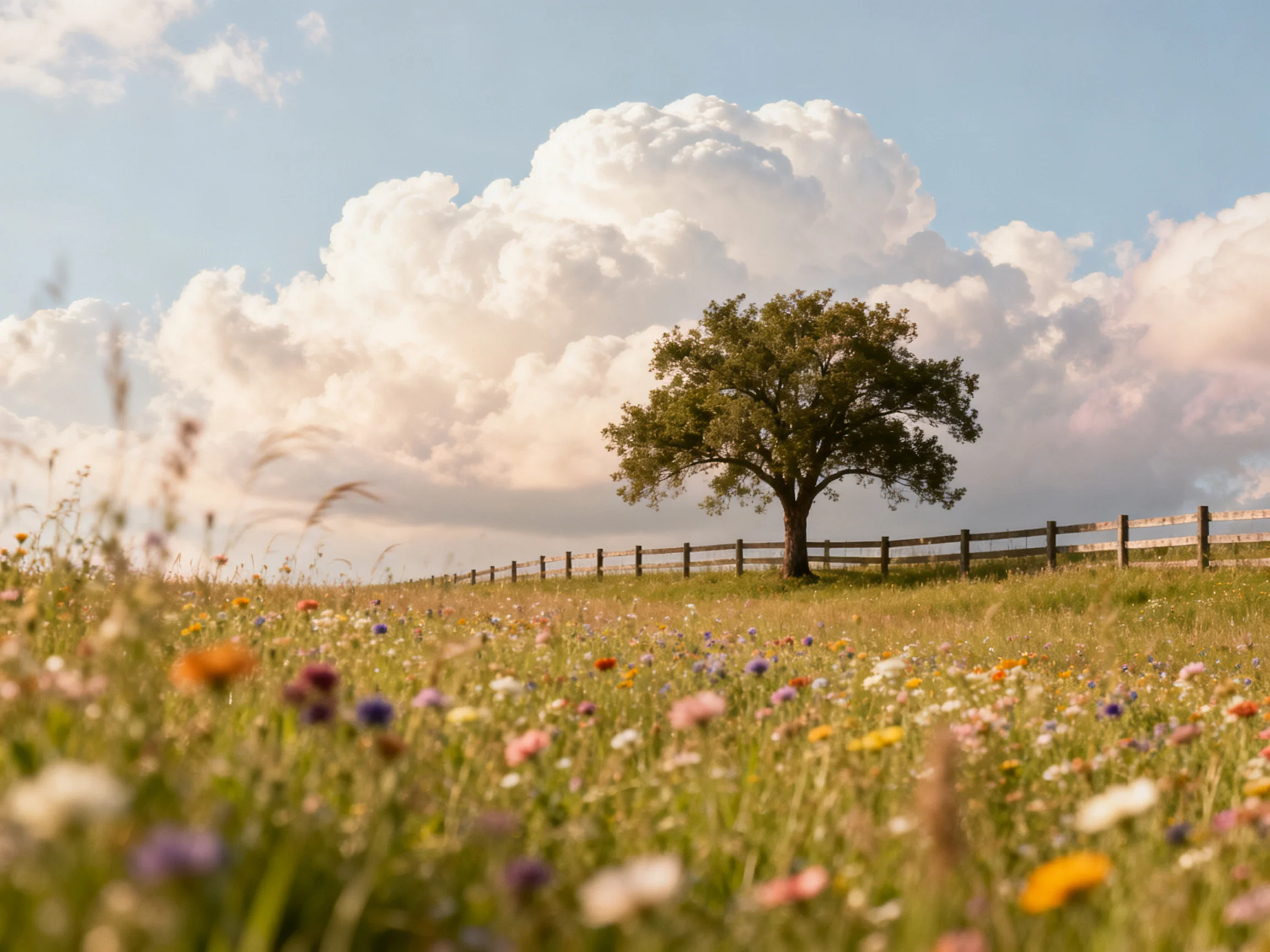 A lone tree stands amid a colorful wildflower meadow with a wooden fence