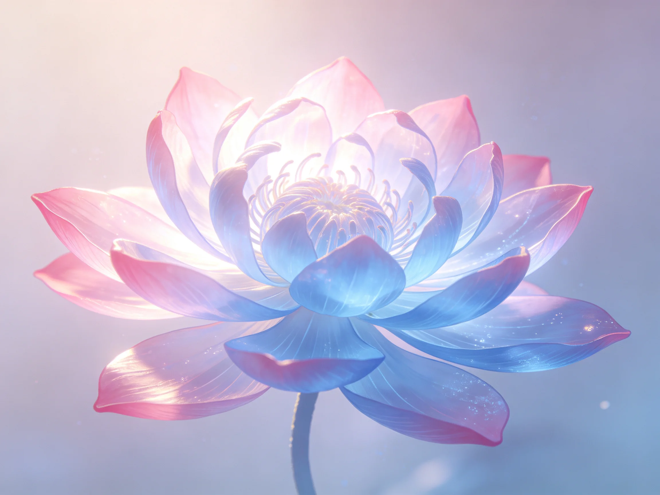 A luminous pink and blue lotus flower with layered petals