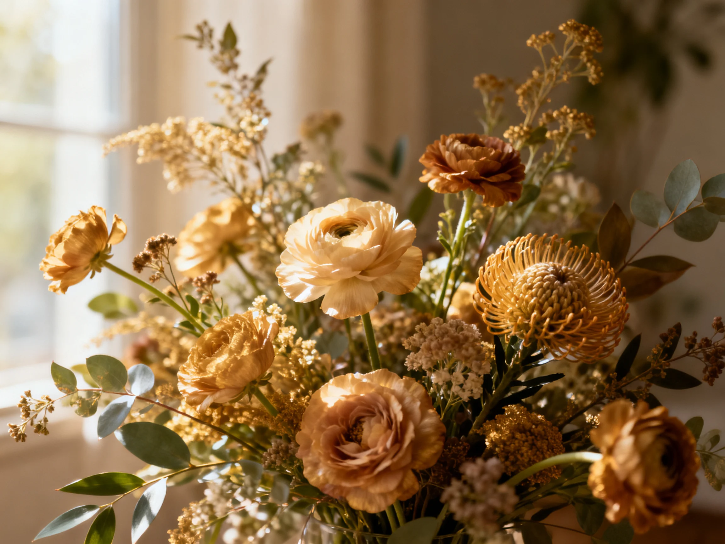 A lush floral arrangement with golden and cream blooms