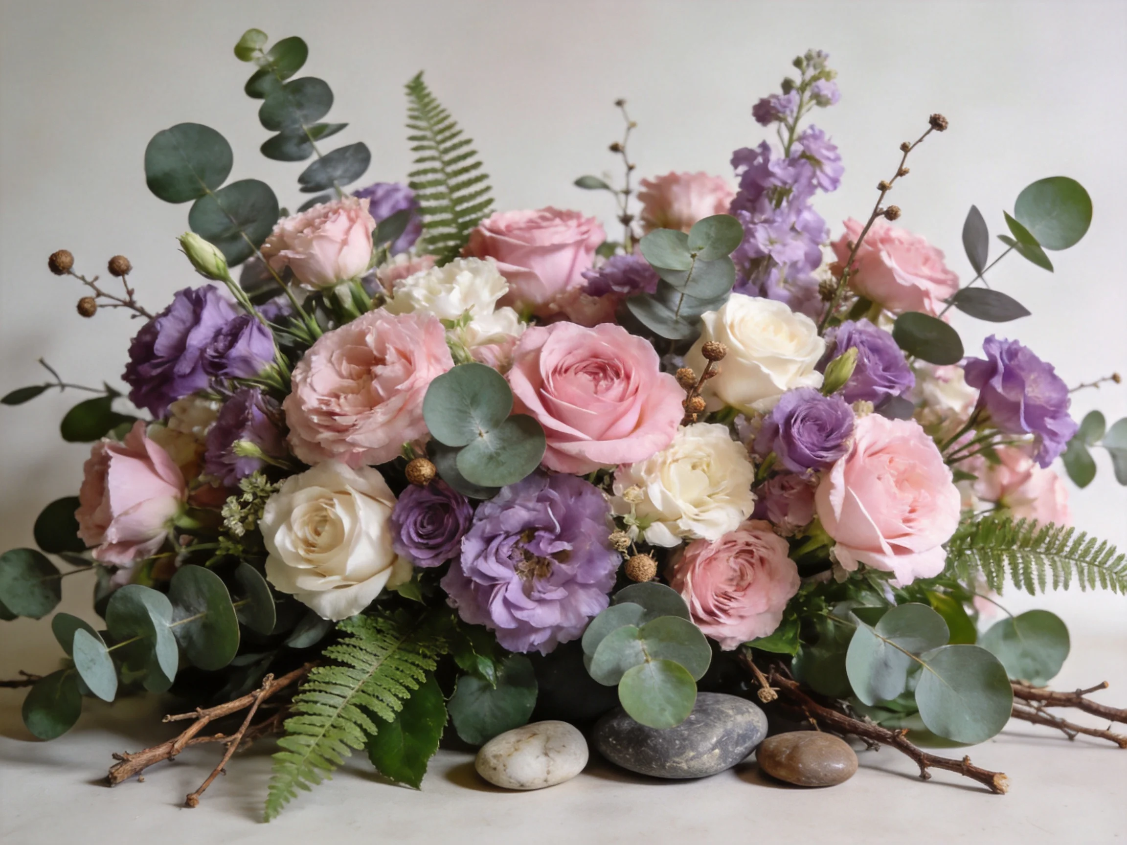 A lush floral arrangement with pink, purple, and white blooms, eucalyptus, ferns, and stones