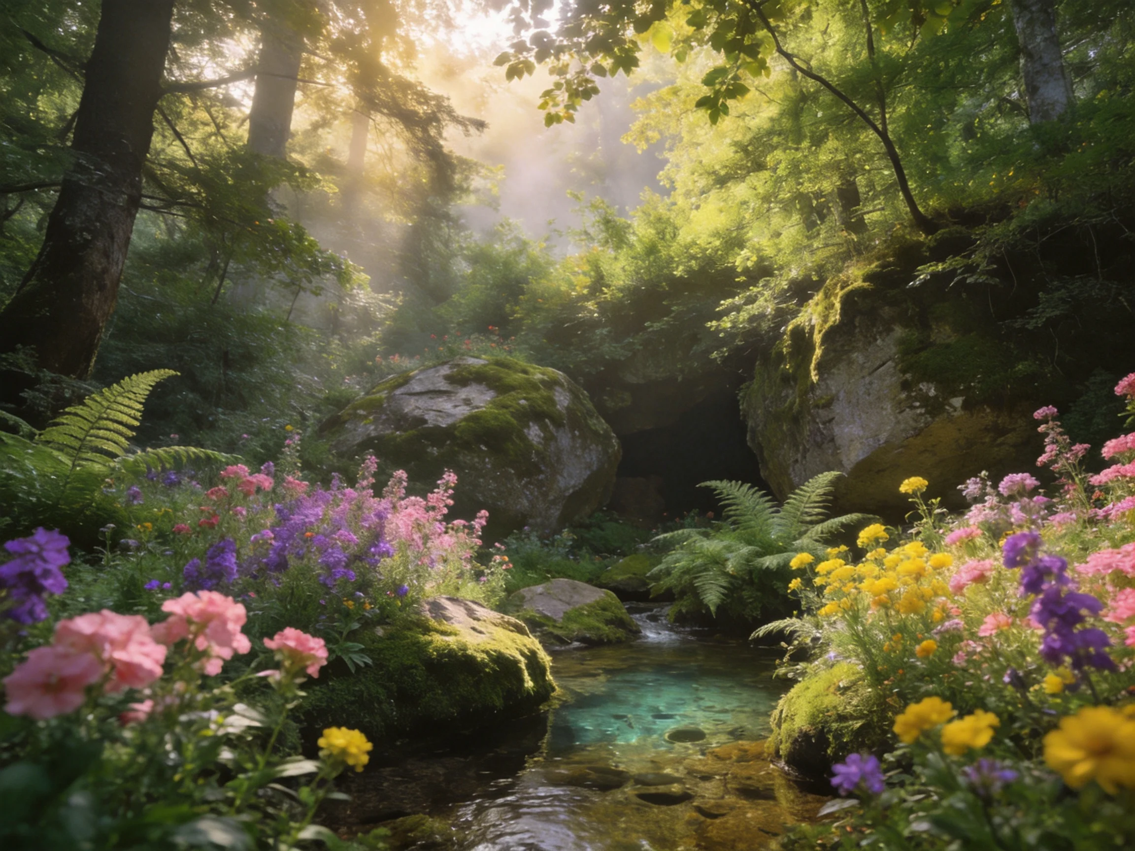 A lush forest glade with colorful flowers, mossy rocks, and a clear stream