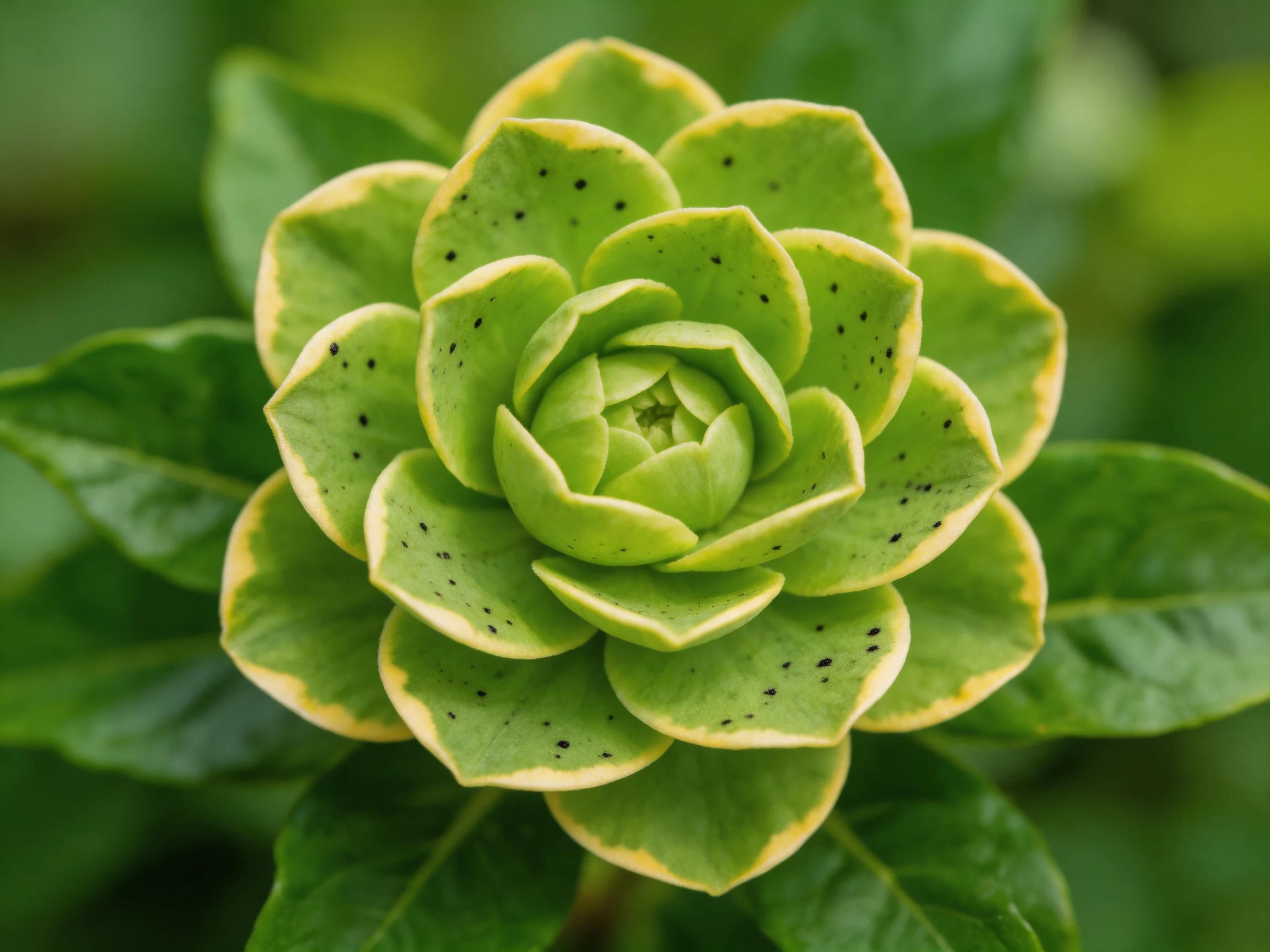 A lush green succulent flower with yellow - edged petals and dark speckles