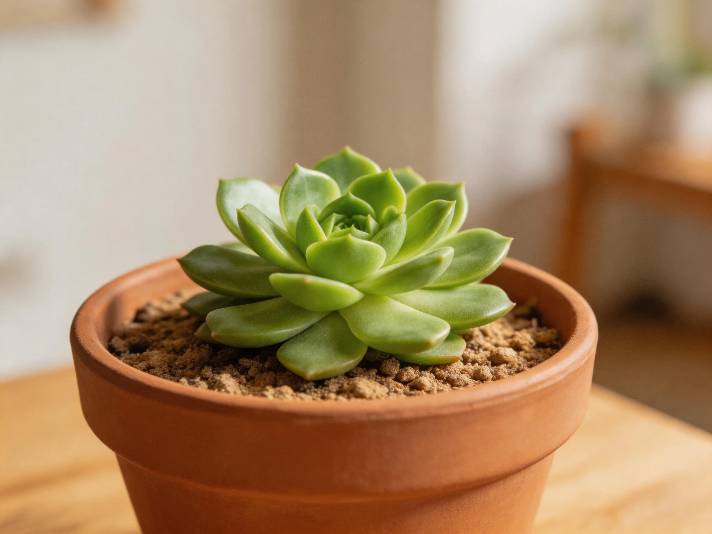 A lush green succulent in a terracotta pot with brown soil