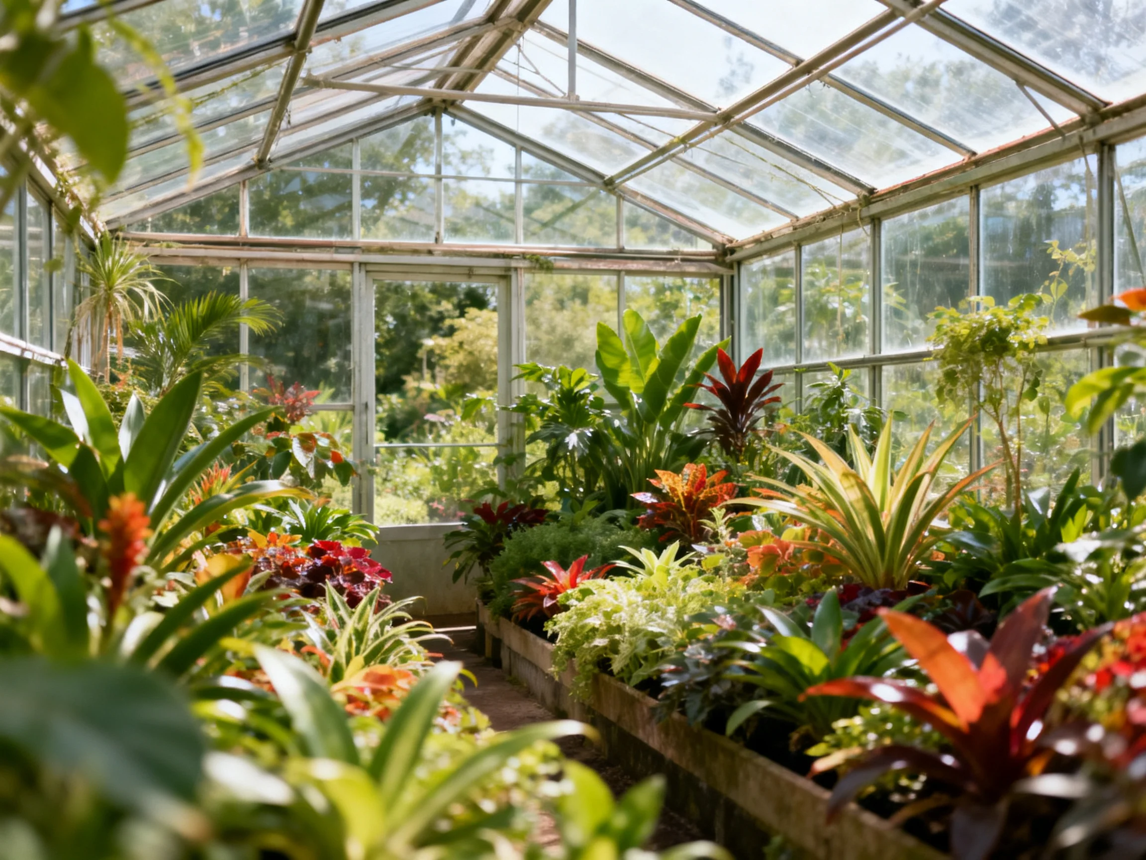 A lush greenhouse filled with diverse tropical plants under bright glass