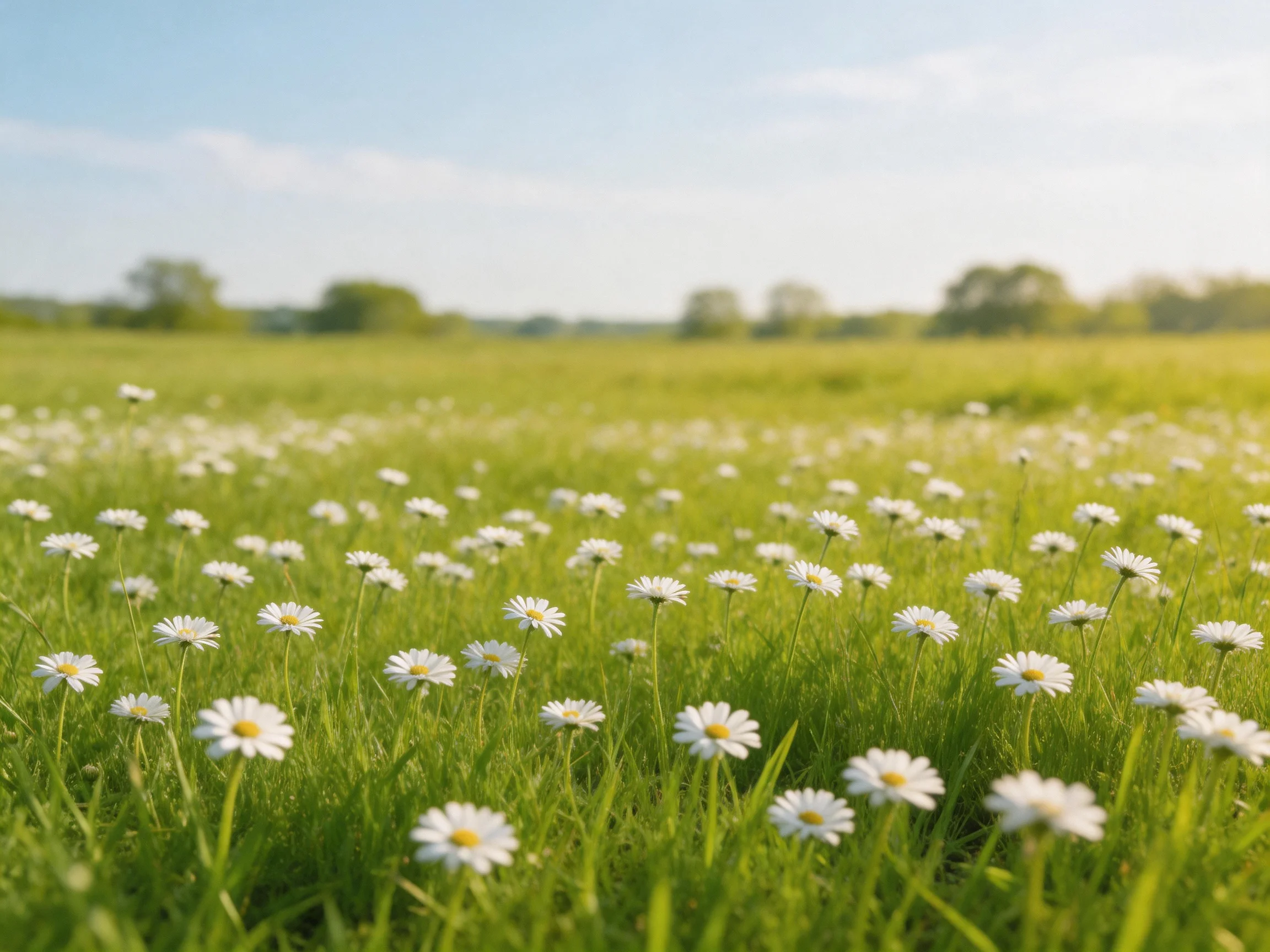 A lush meadow abundant with white daisies under sunny skies