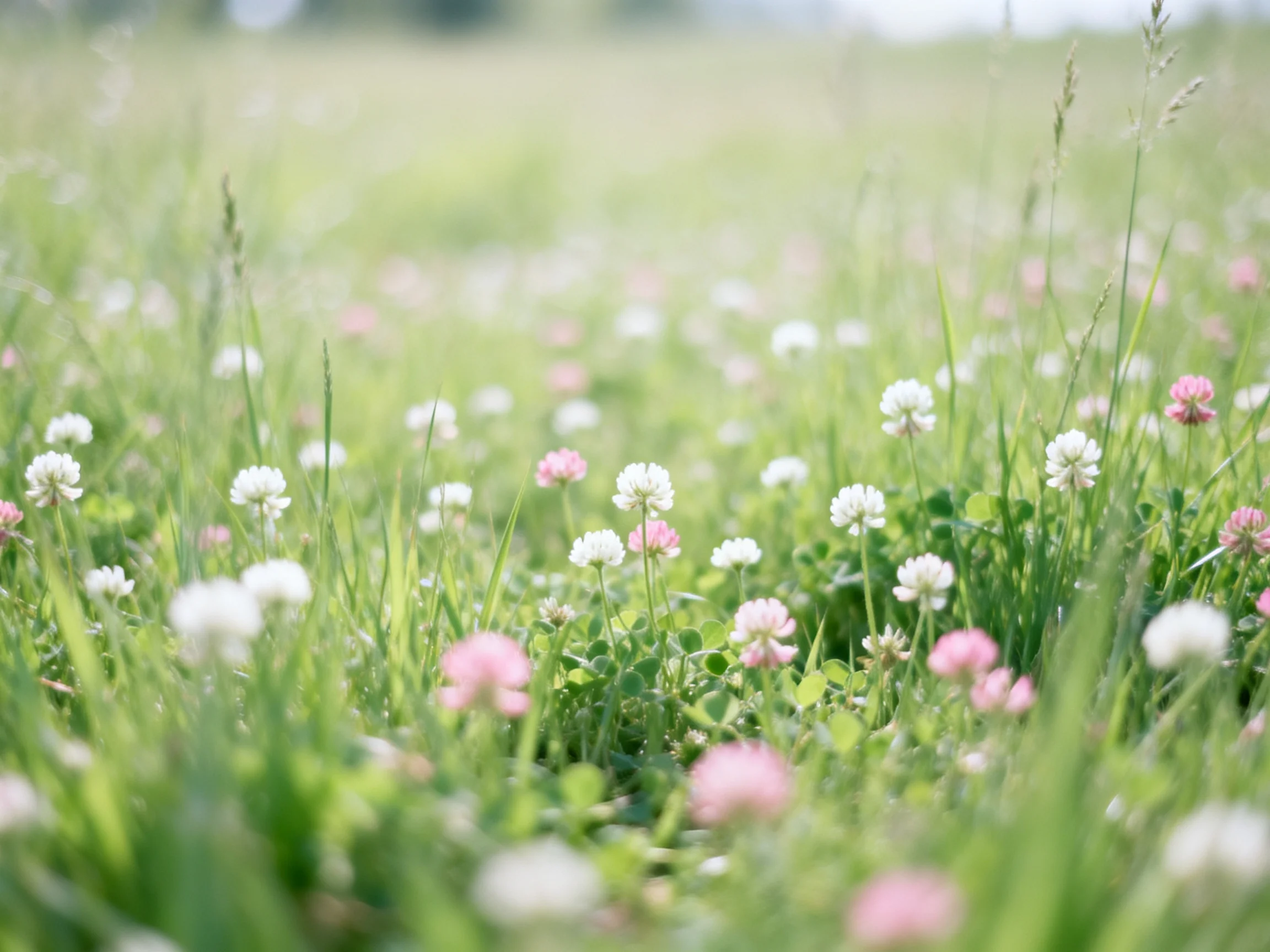 A lush meadow filled with white and pink clover flowers under soft light