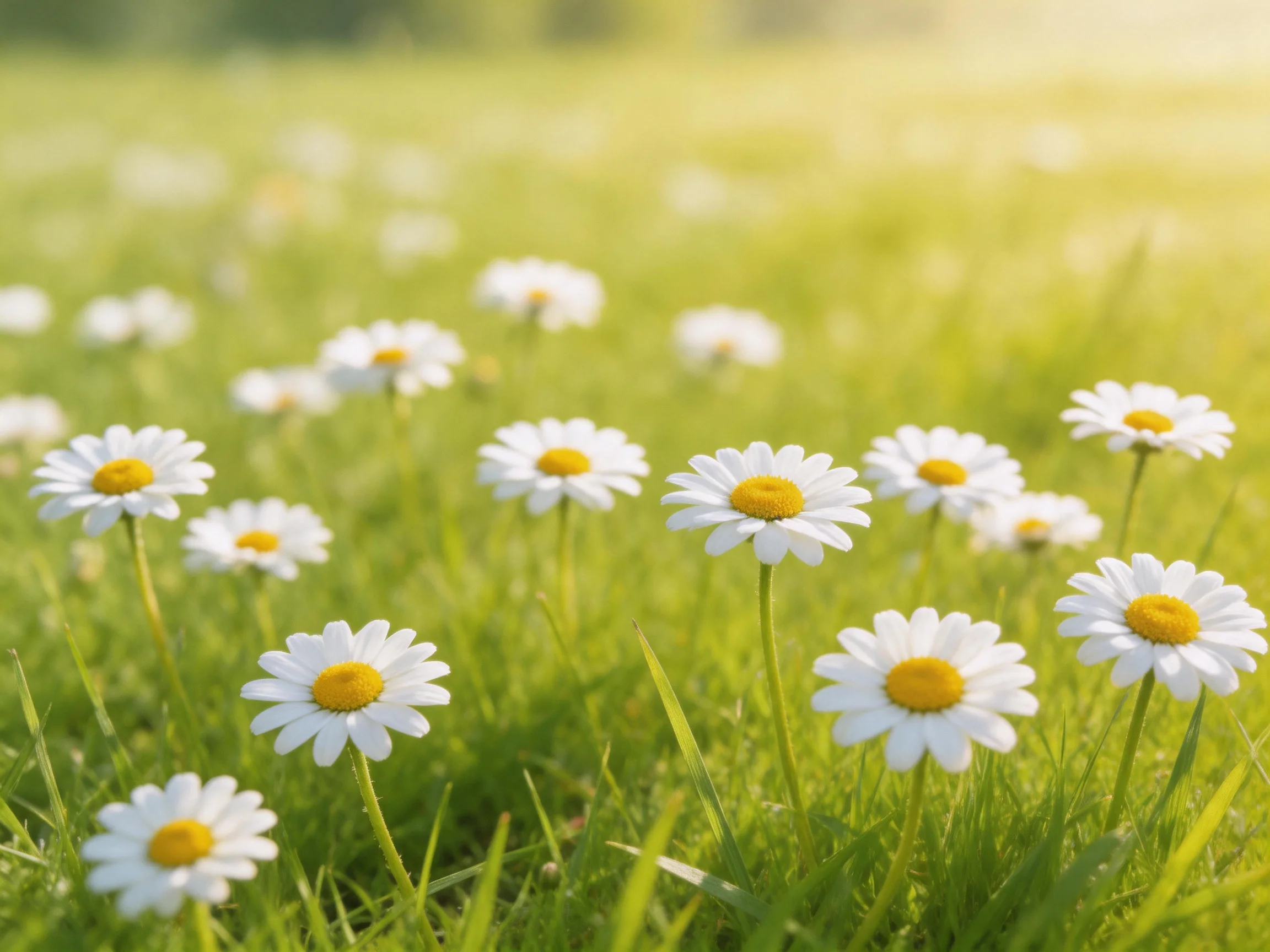 A lush meadow with numerous white daisies and vibrant green grass