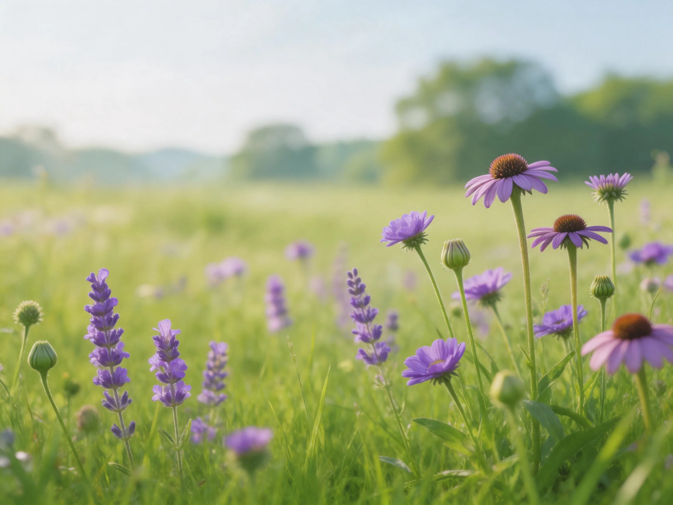 A lush meadow with purple wildflowers and green grasses