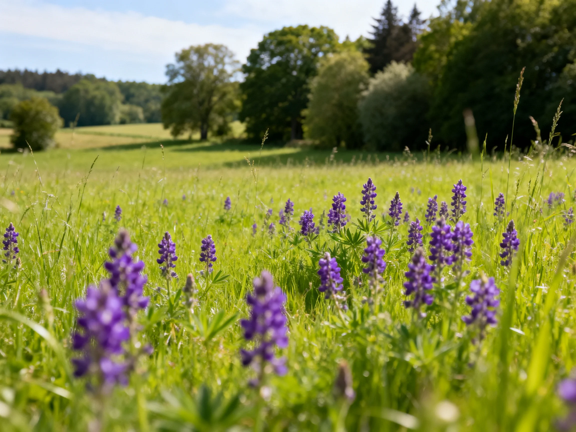 A lush meadow with vibrant purple lupine blooms and dense green trees