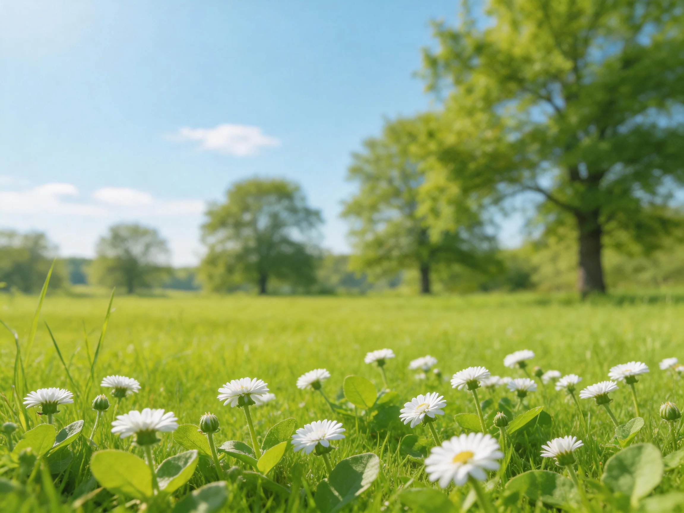 A lush meadow with white daisies, tall green grass, and leafy trees under bright blue sky