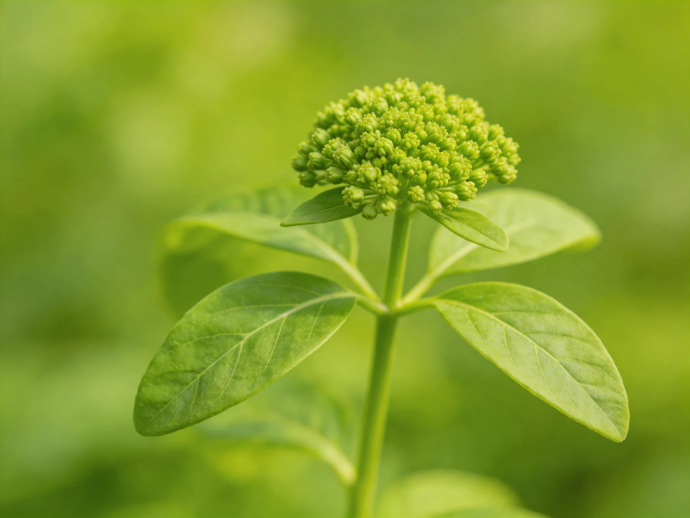 A lush plant with clustered green buds and broad glossy leaves