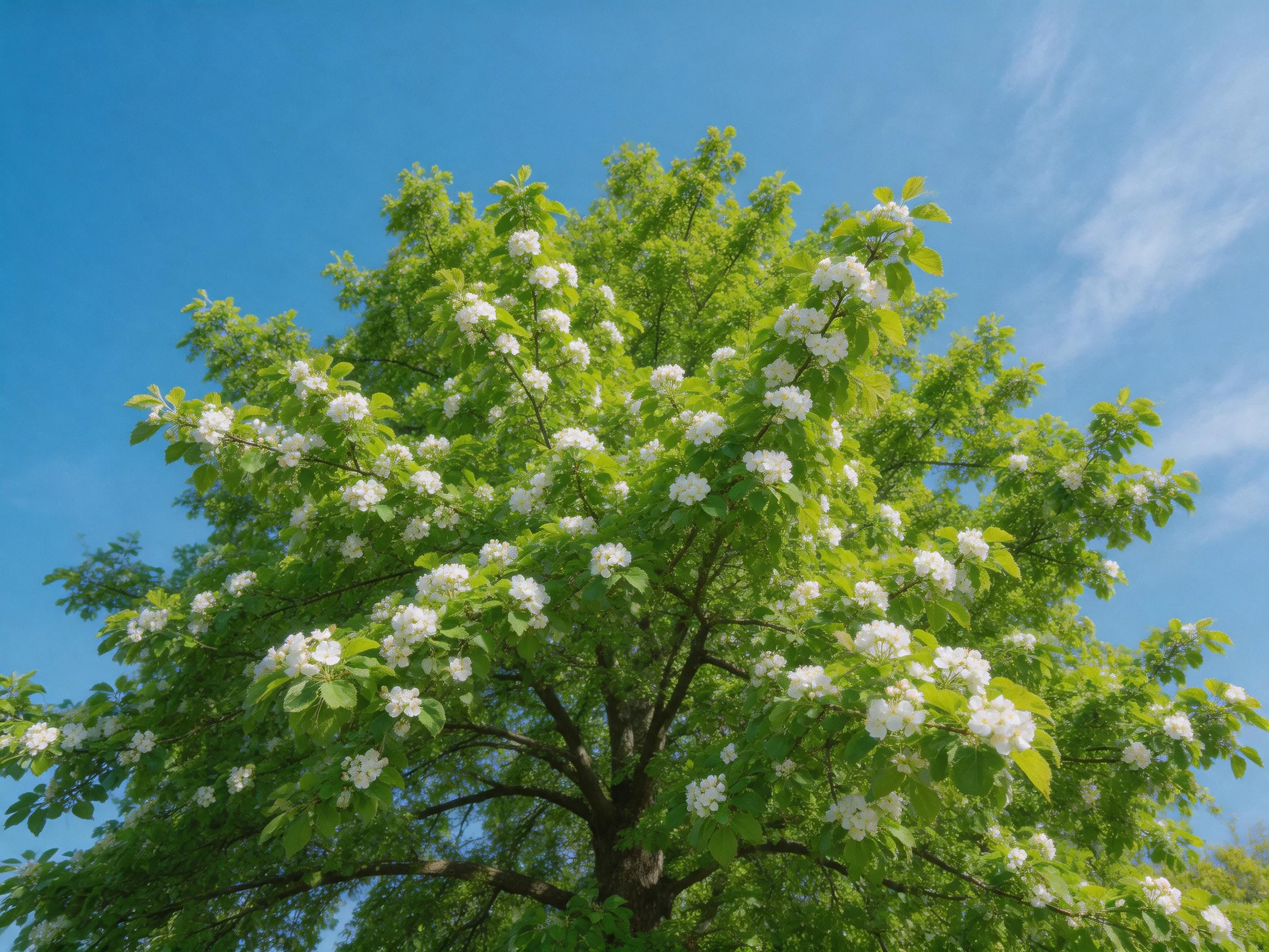 A lush tree adorned with numerous white blossoms against a clear blue sky