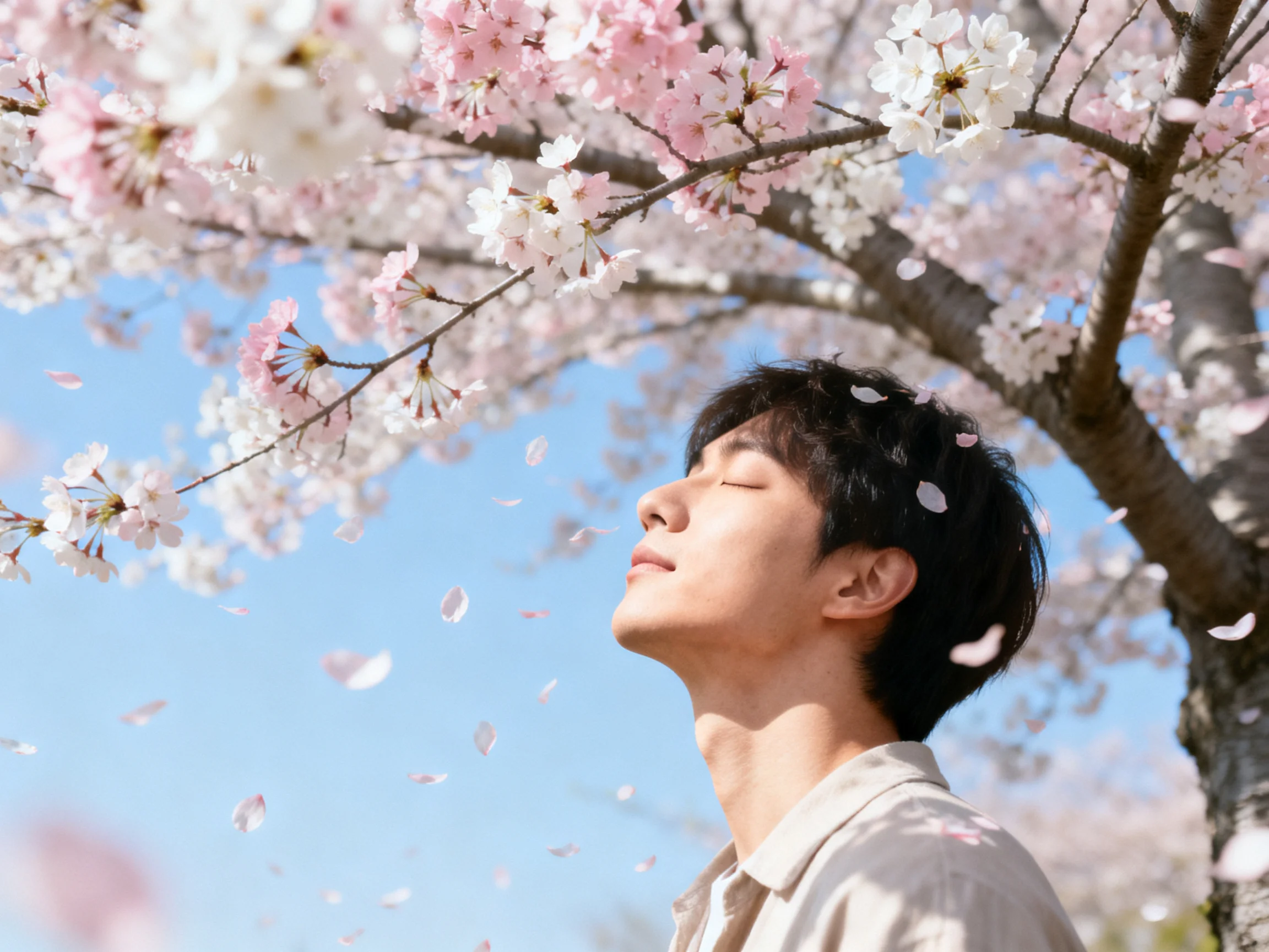 A man beneath pink and white cherry blossom trees with falling petals