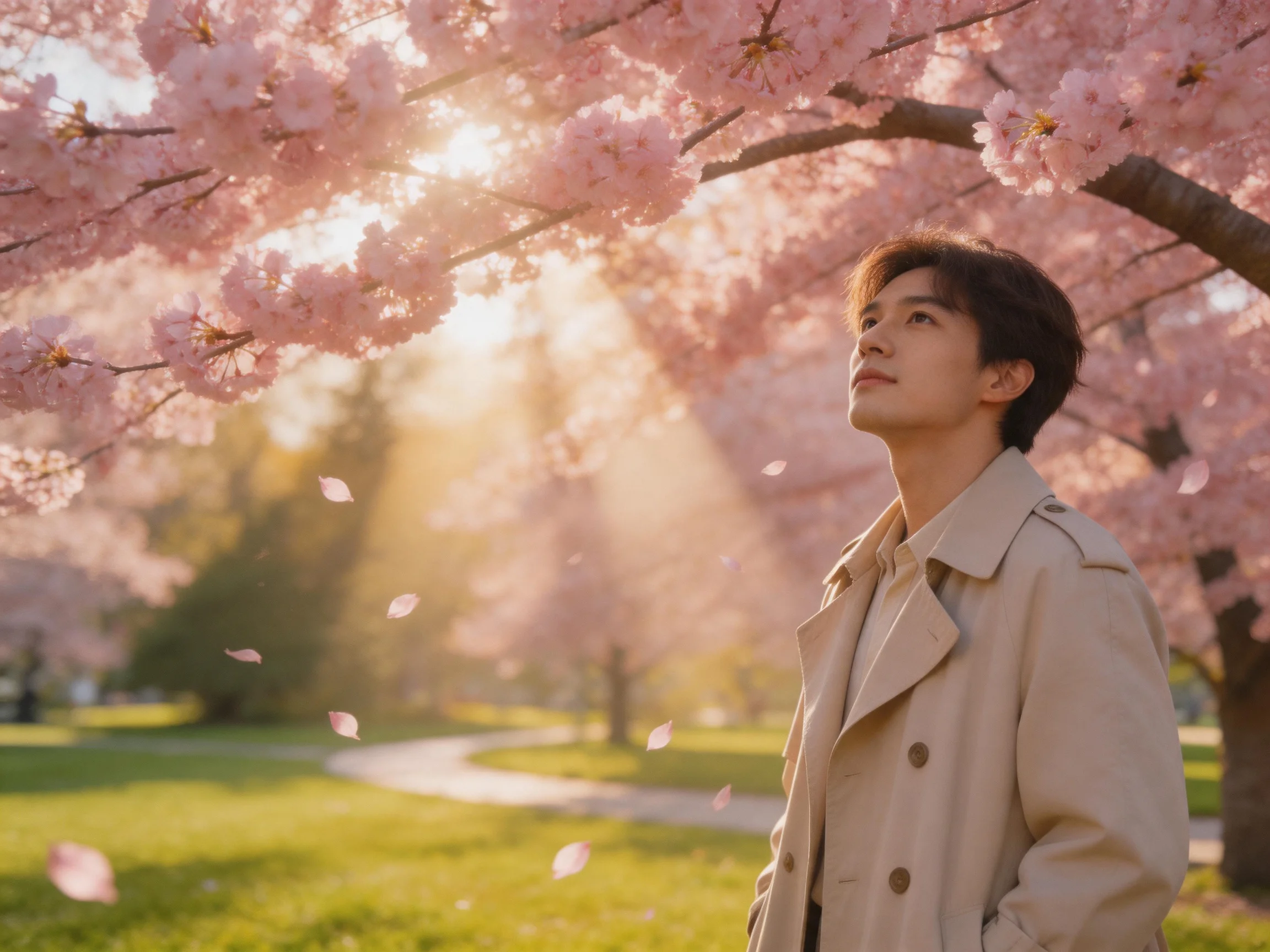 A man in a beige trench coat stands beneath blooming pink cherry blossom trees with falling petals