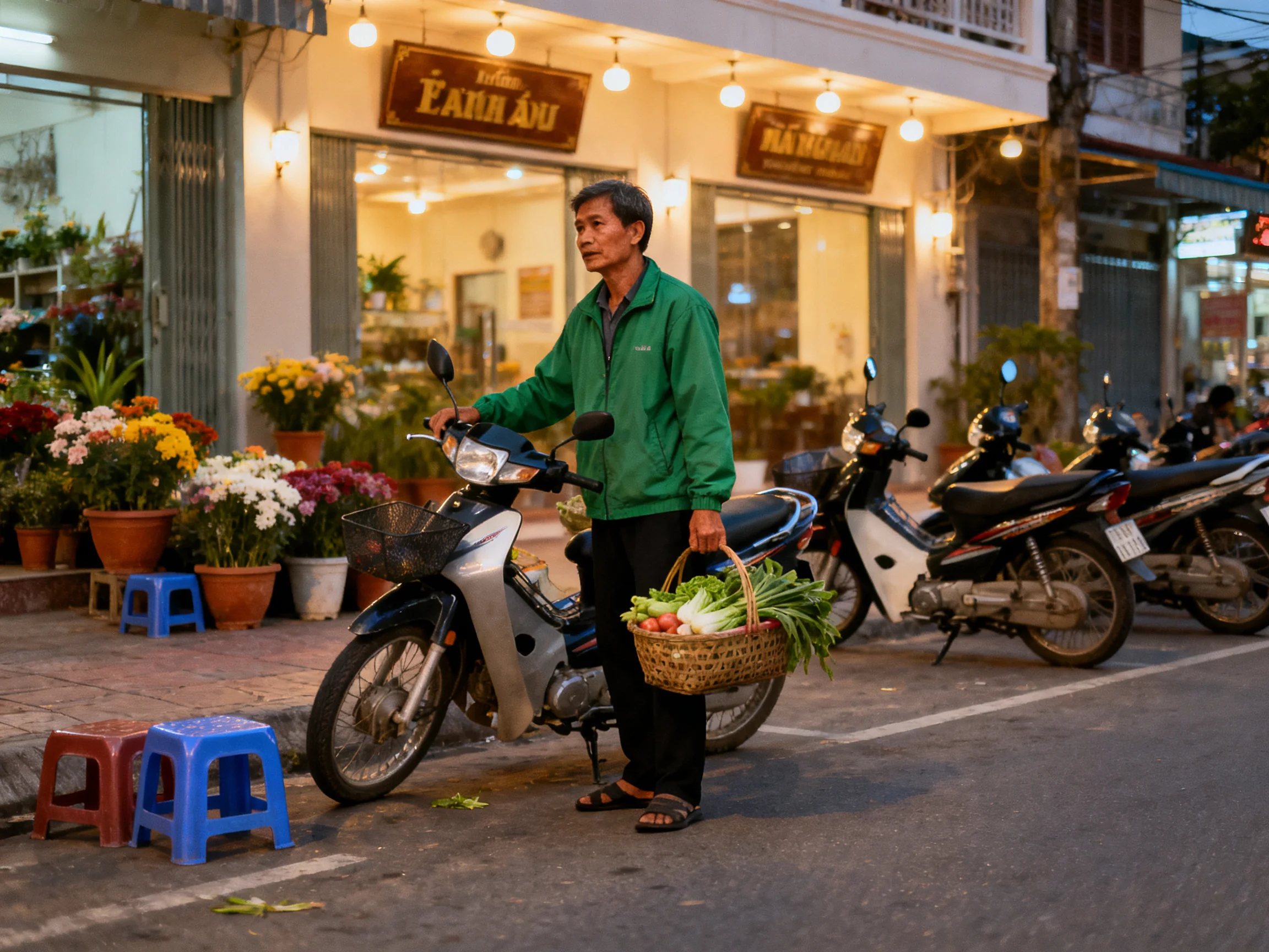 A man in a green jacket stands near motorbikes with a vegetable basket