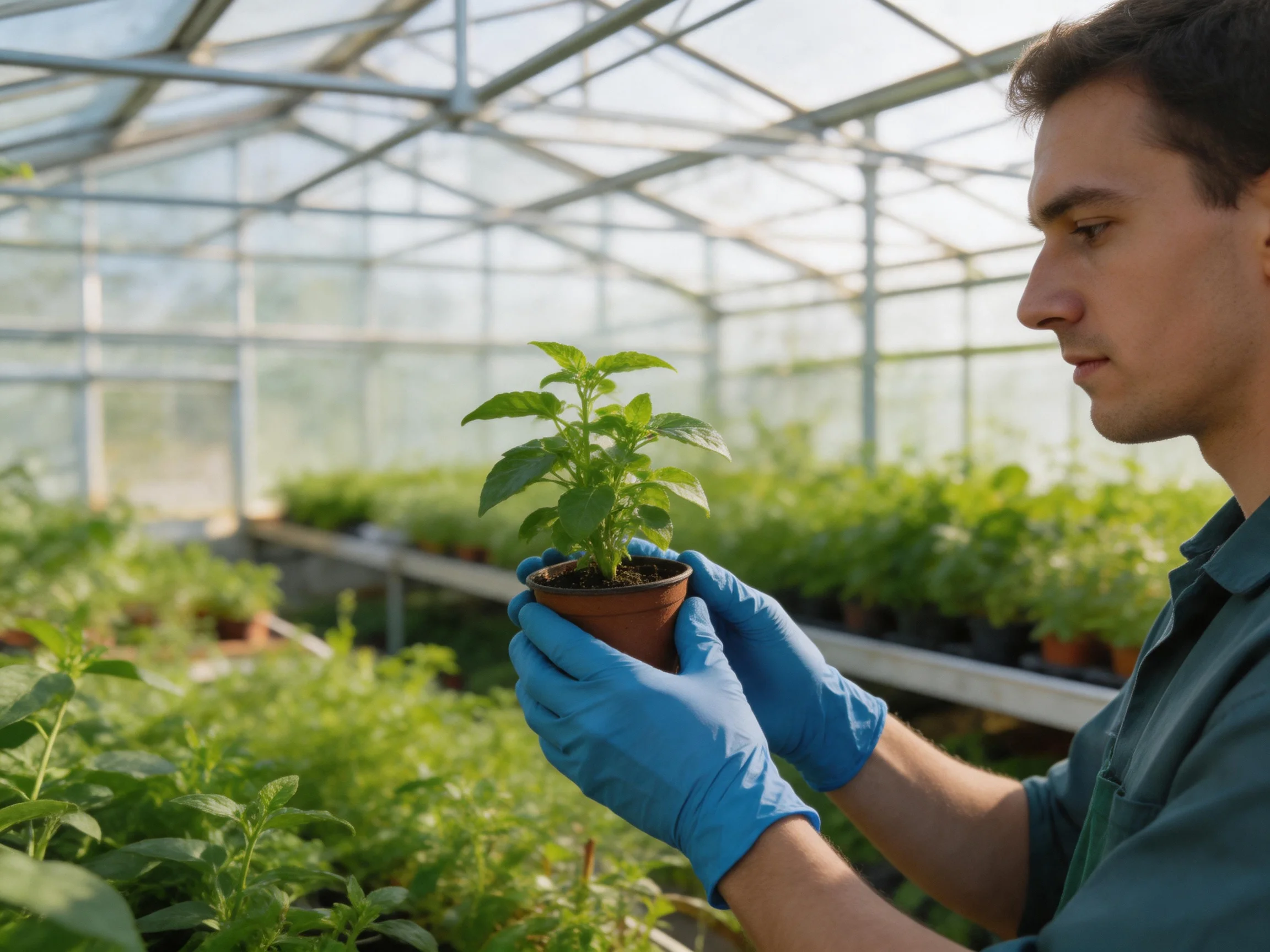 A man in blue gloves inspects a potted plant in a sunlit greenhouse