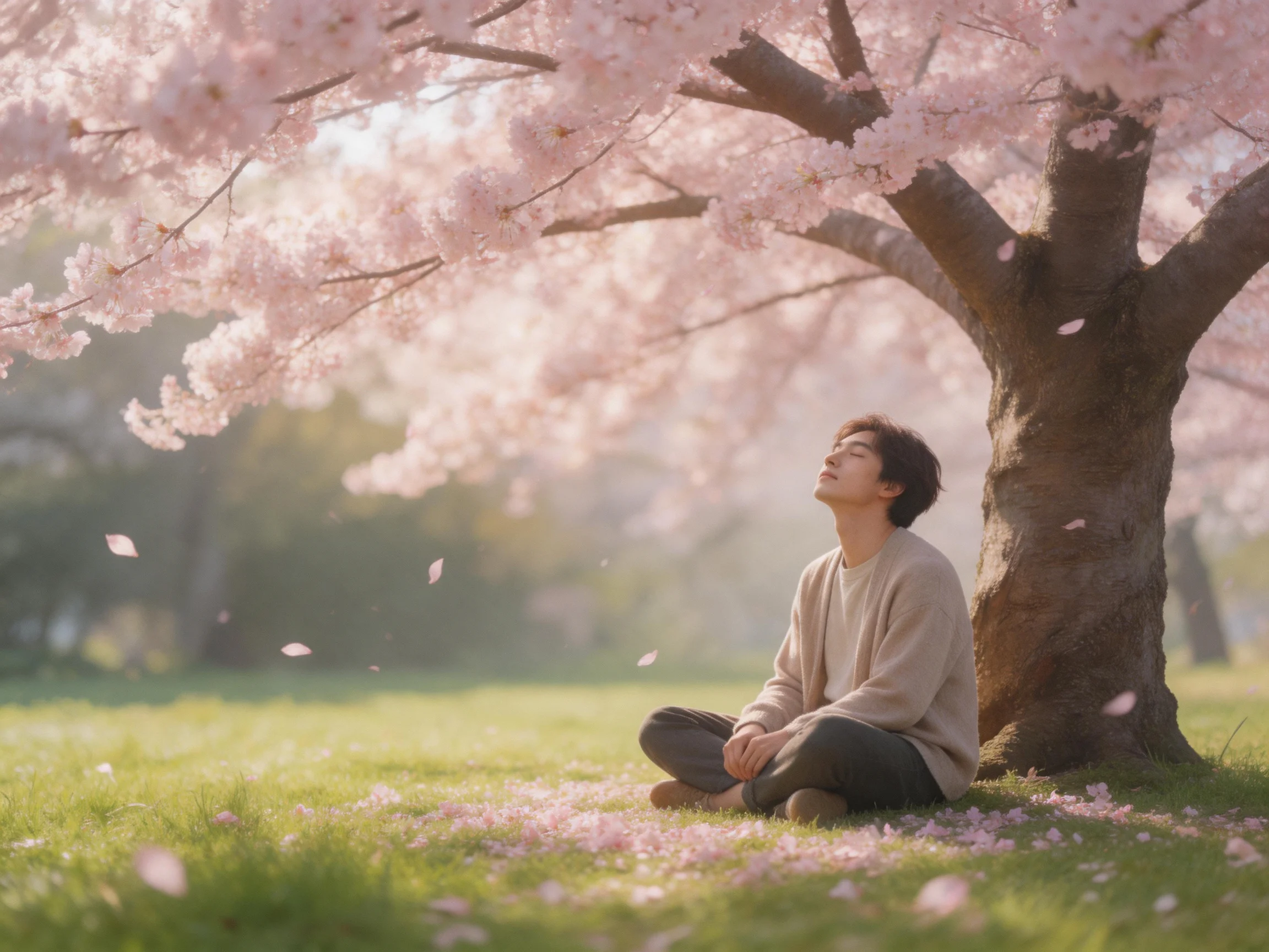 A man meditating beneath a cherry blossom tree with pink petals