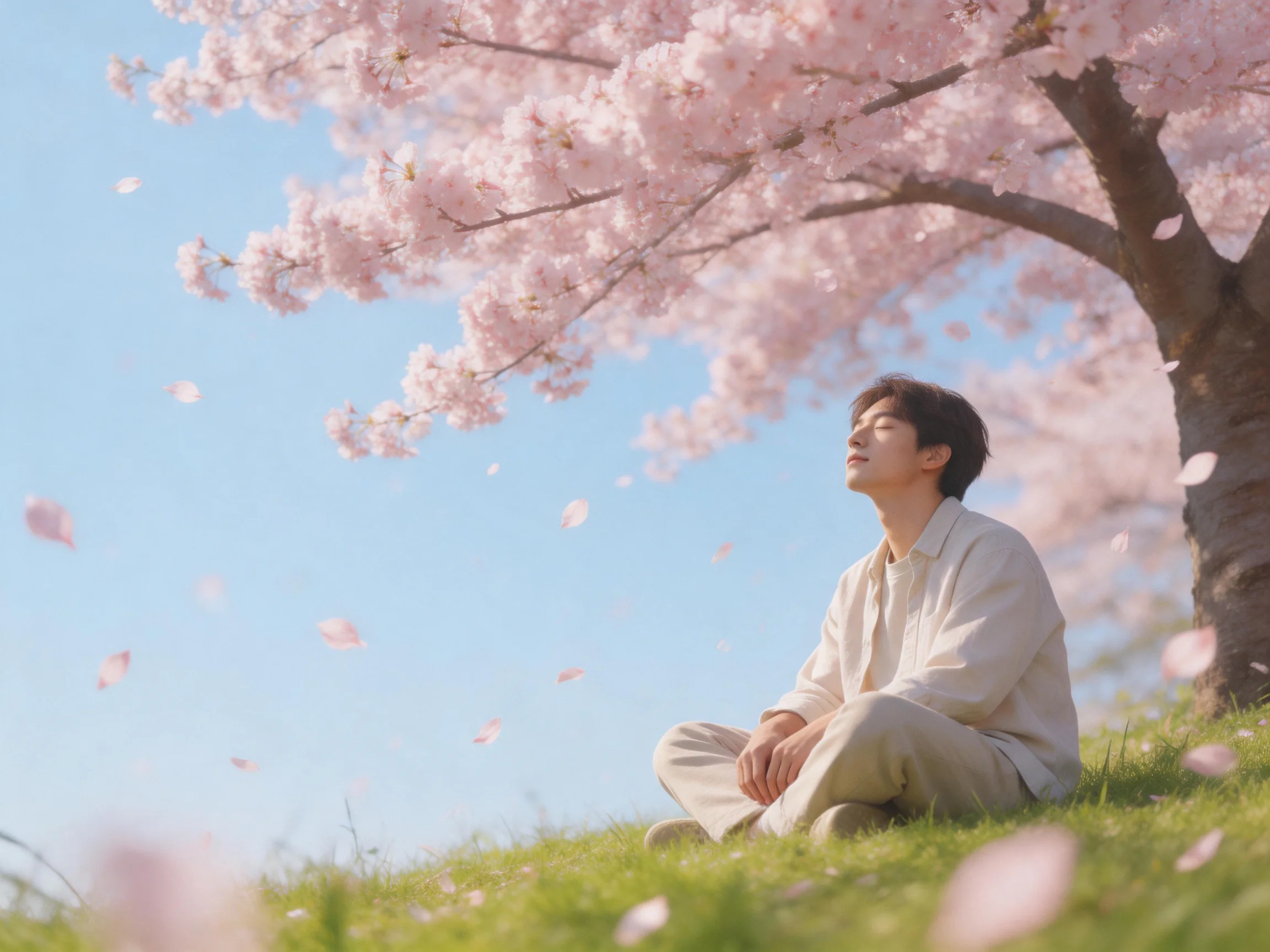 A man meditating beneath blooming cherry blossom trees on a sunny day