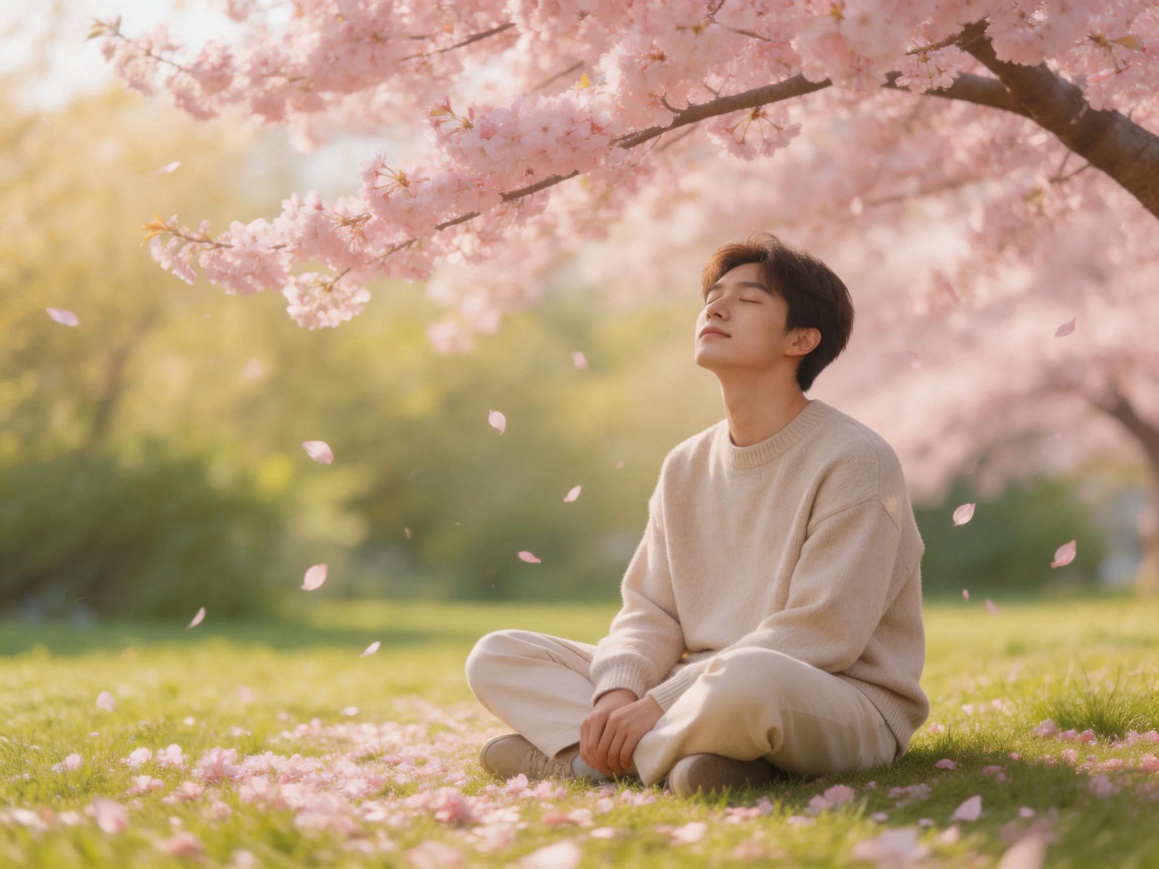 A man meditating beneath pink cherry blossom trees with falling petals