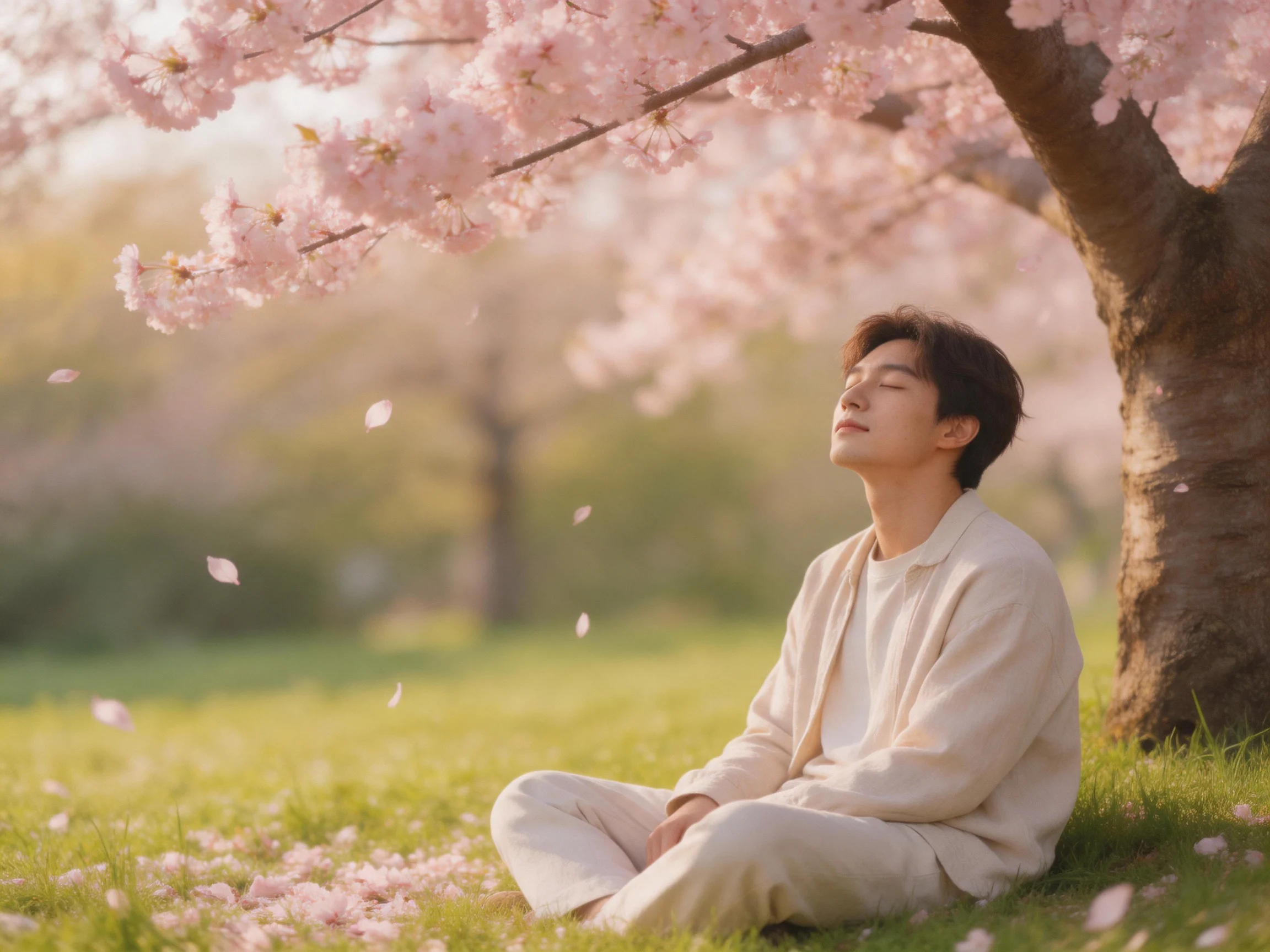 A man meditating under cherry blossom trees with falling pink petals